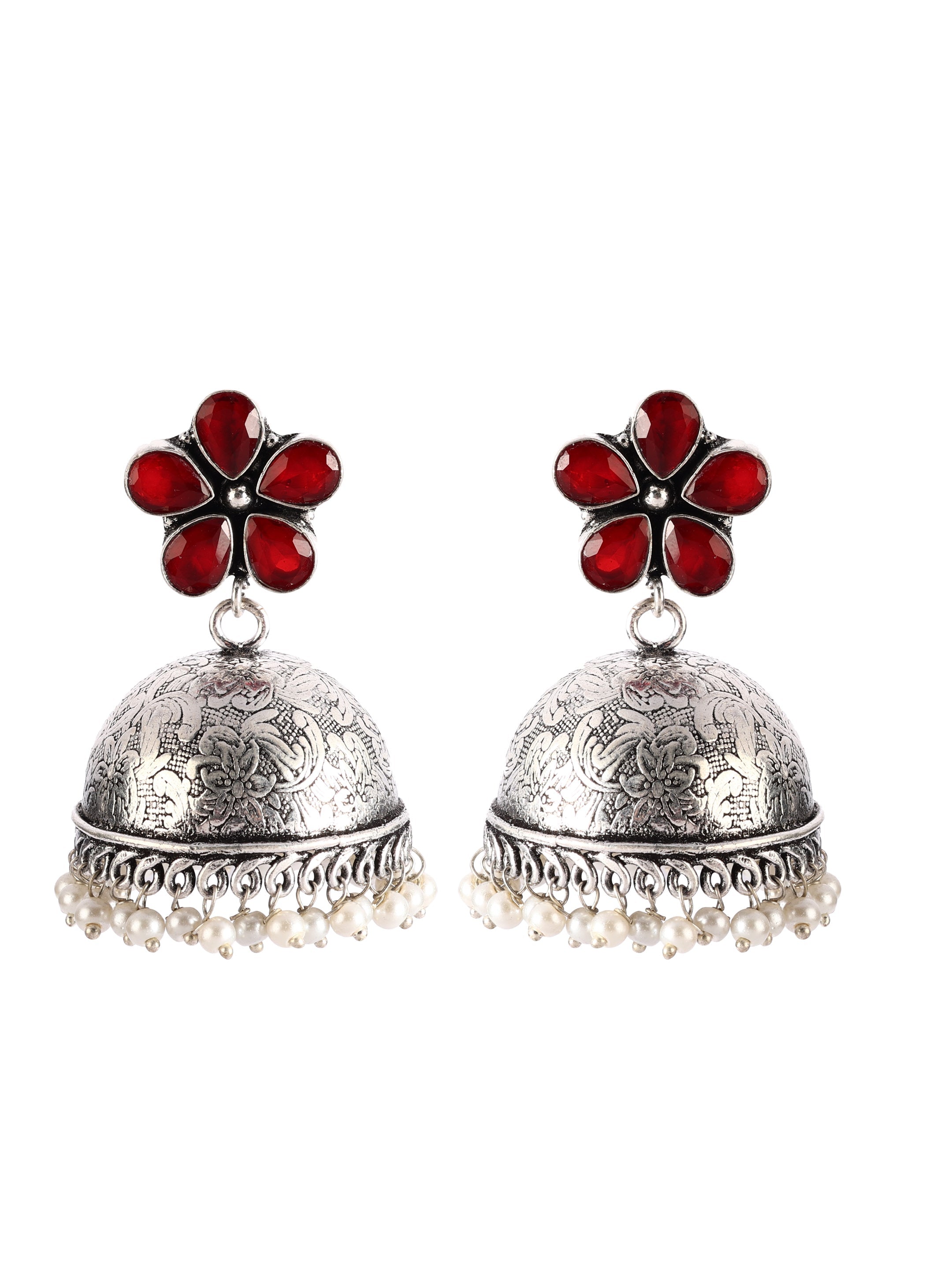 Ishin Oxidised Silver Plated Pearl Dome Shaped Jumka