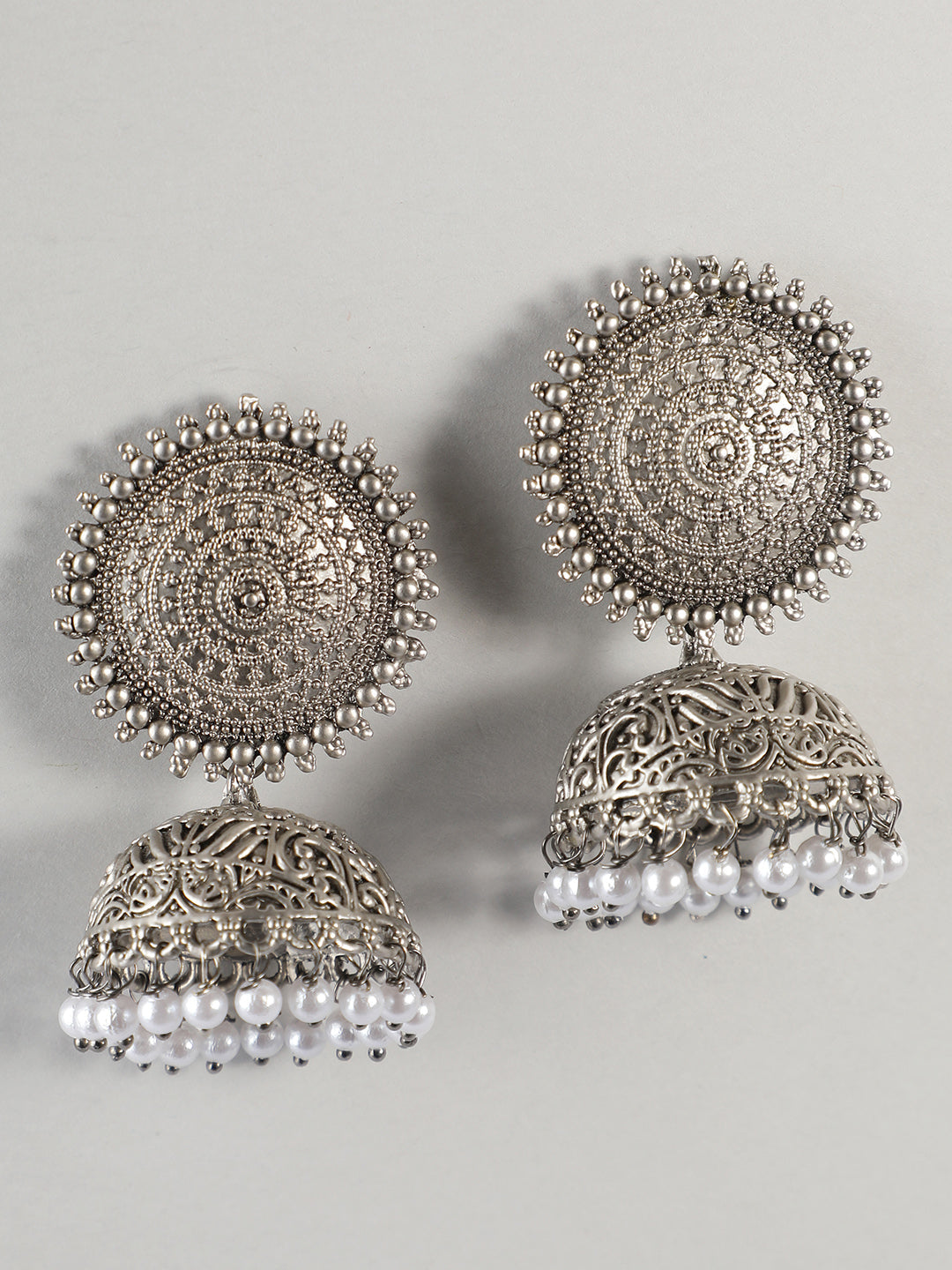 Ishin Oxidised Silver Plated Pearl Dome Shaped Jumka