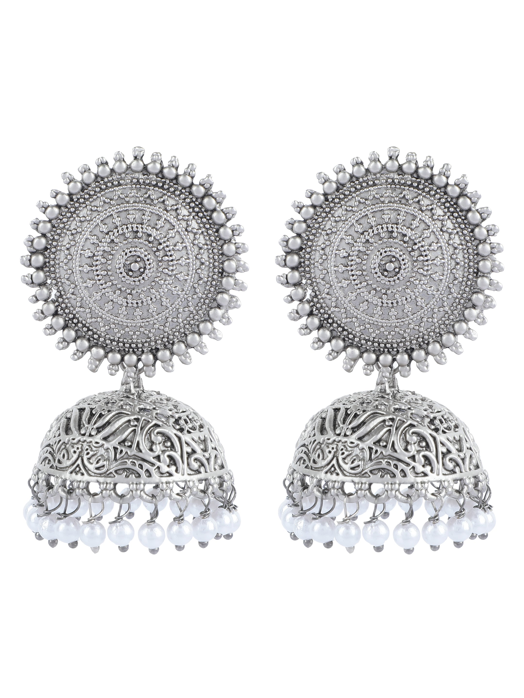 Ishin Oxidised Silver Plated Pearl Dome Shaped Jumka