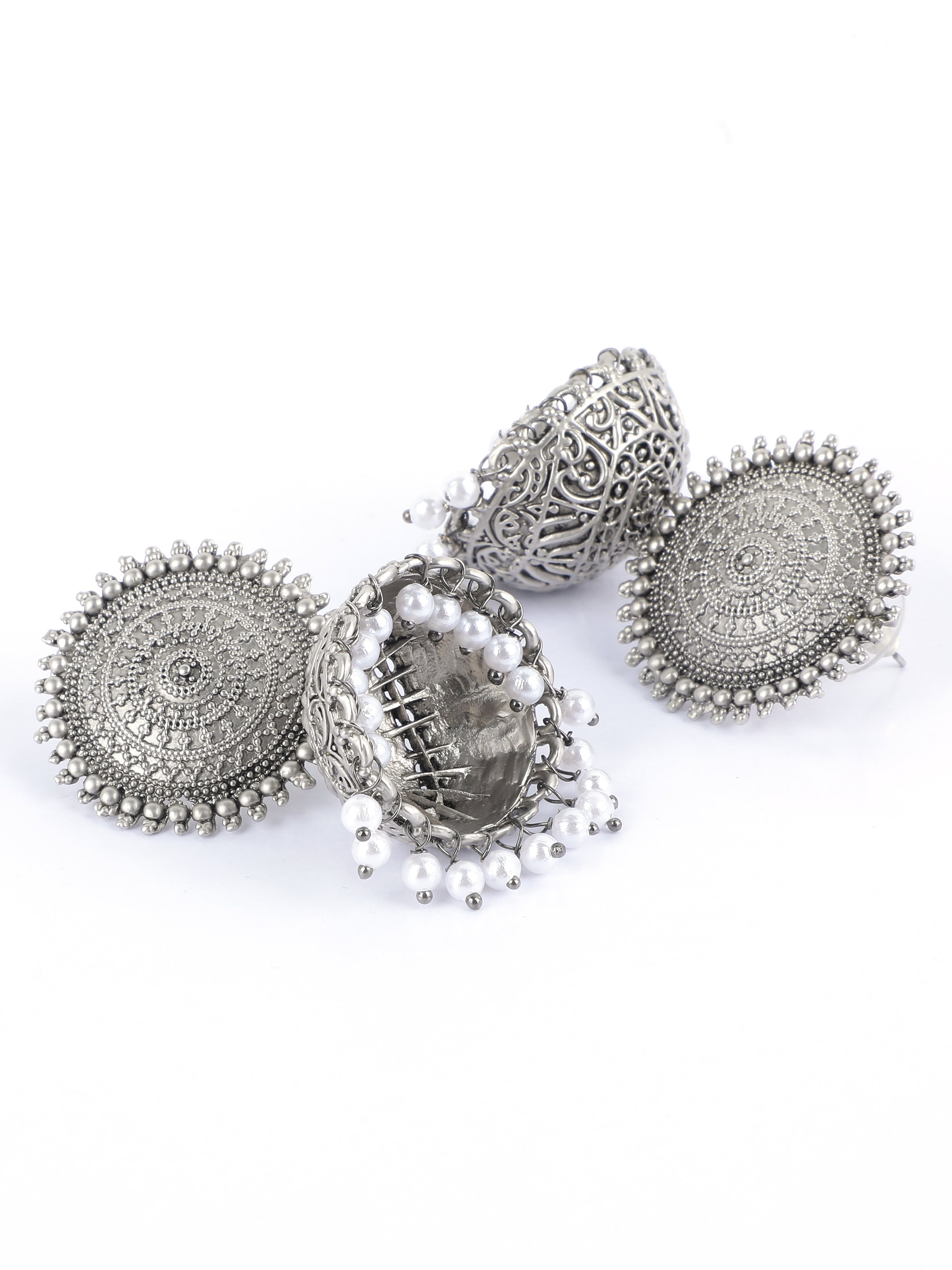 Ishin Oxidised Silver Plated Pearl Dome Shaped Jumka