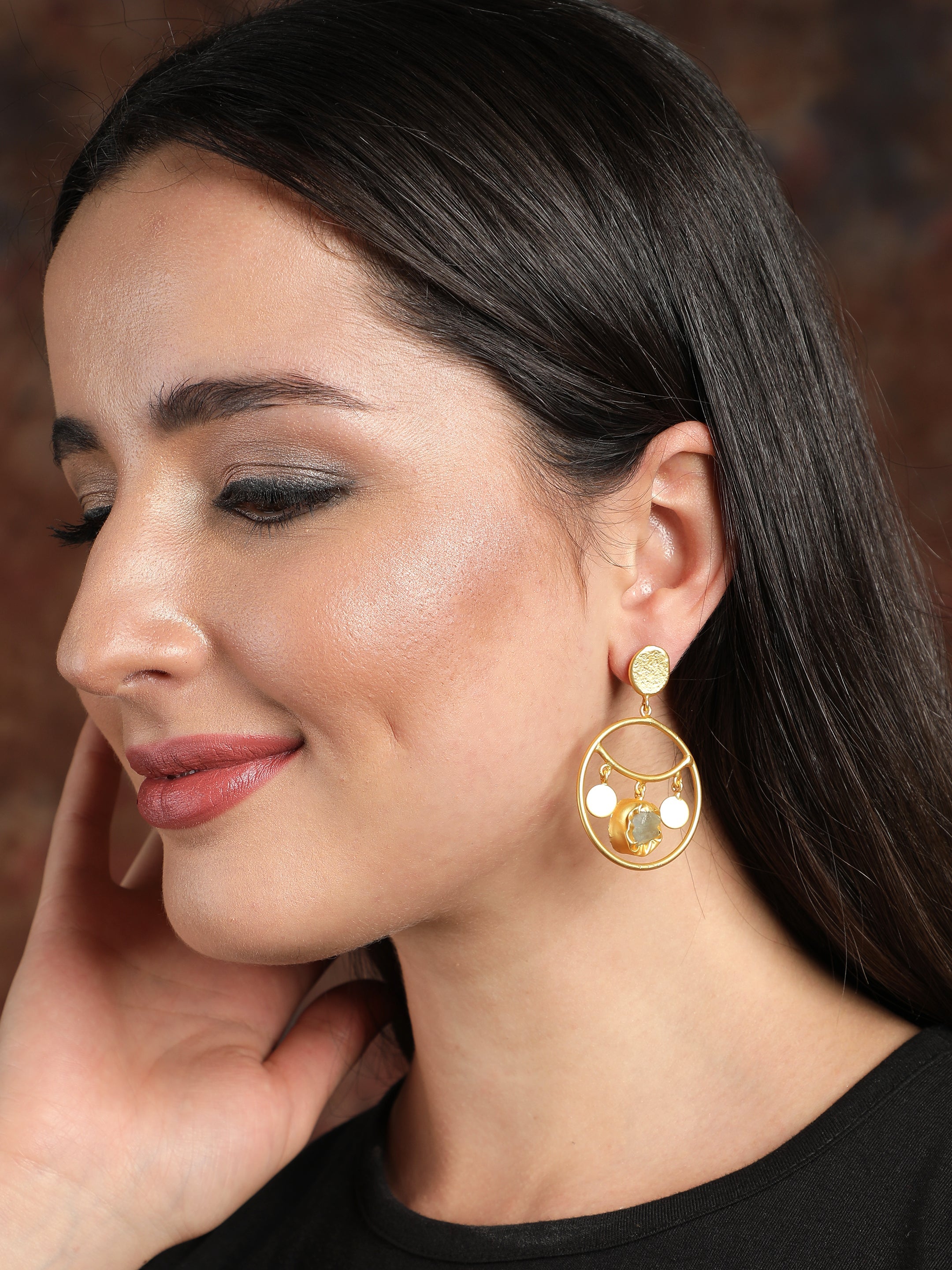 Ishin Gold Plated Fancy Stone Circular Shaped Drop Earring