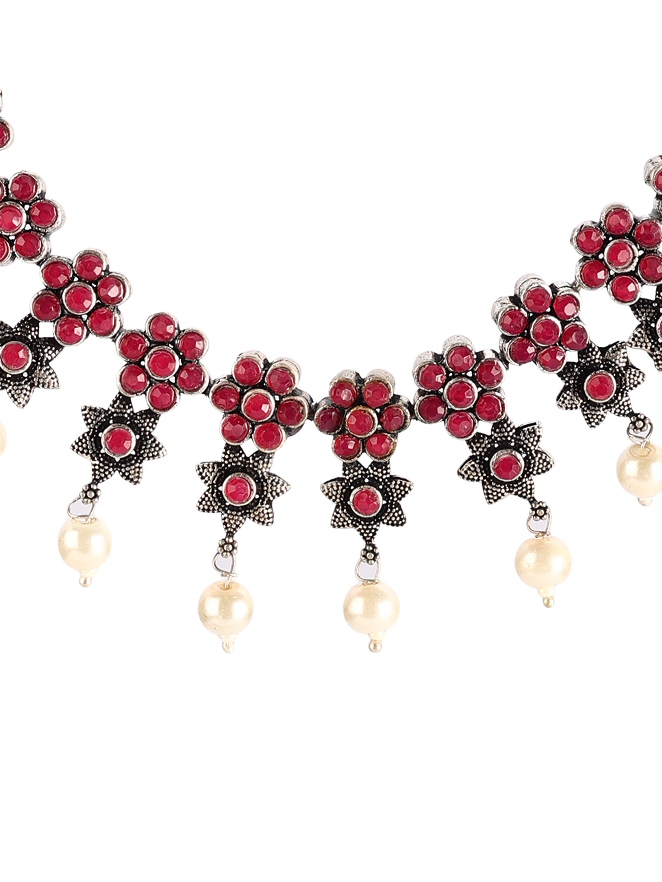 Ishin Women's Oxidised Silver Red Stone Studded Choker Jewellery Set