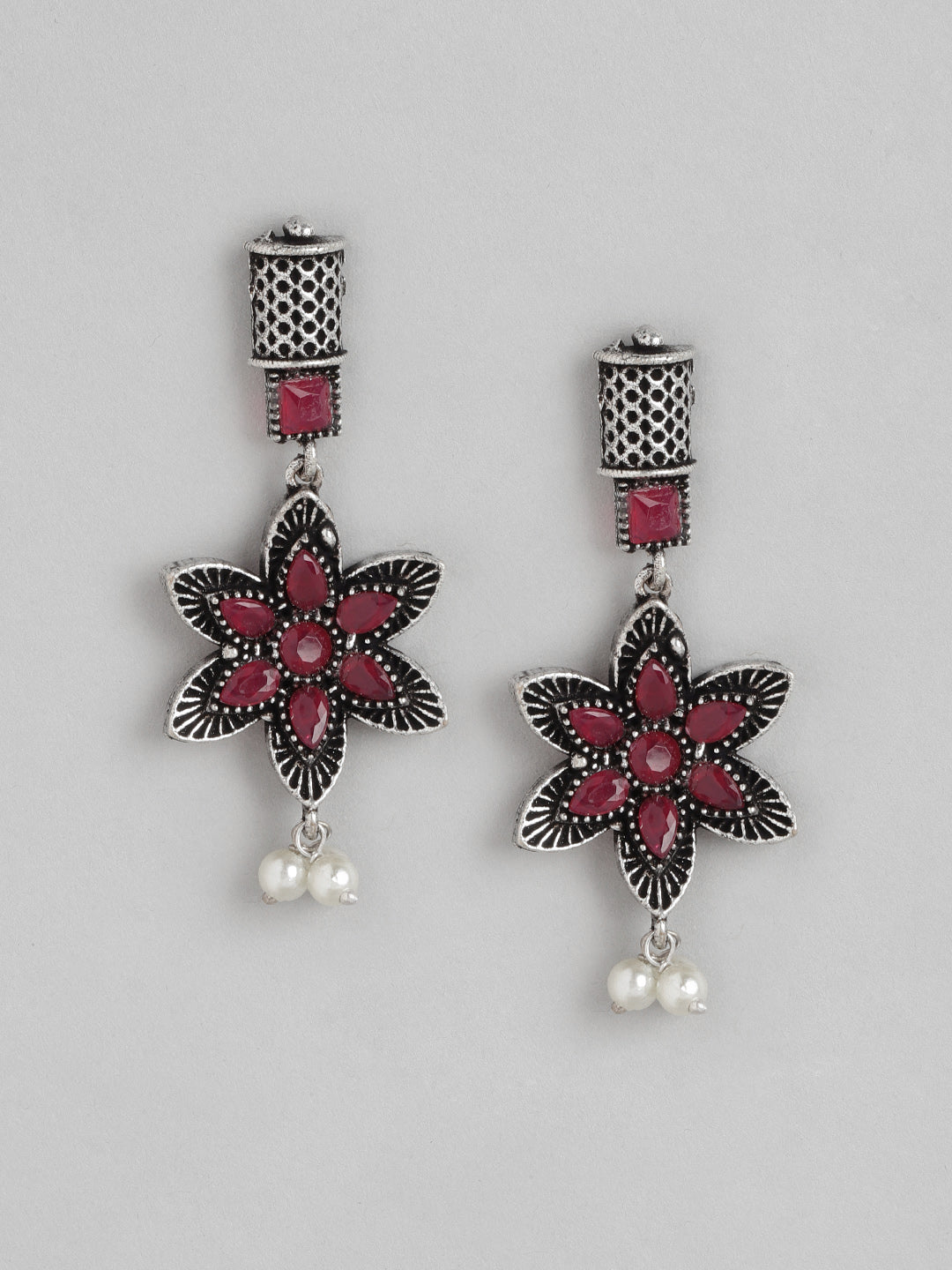 Ishin Women's Oxidised Silver Plated Pink Stone Studded Floral Jewellery Set
