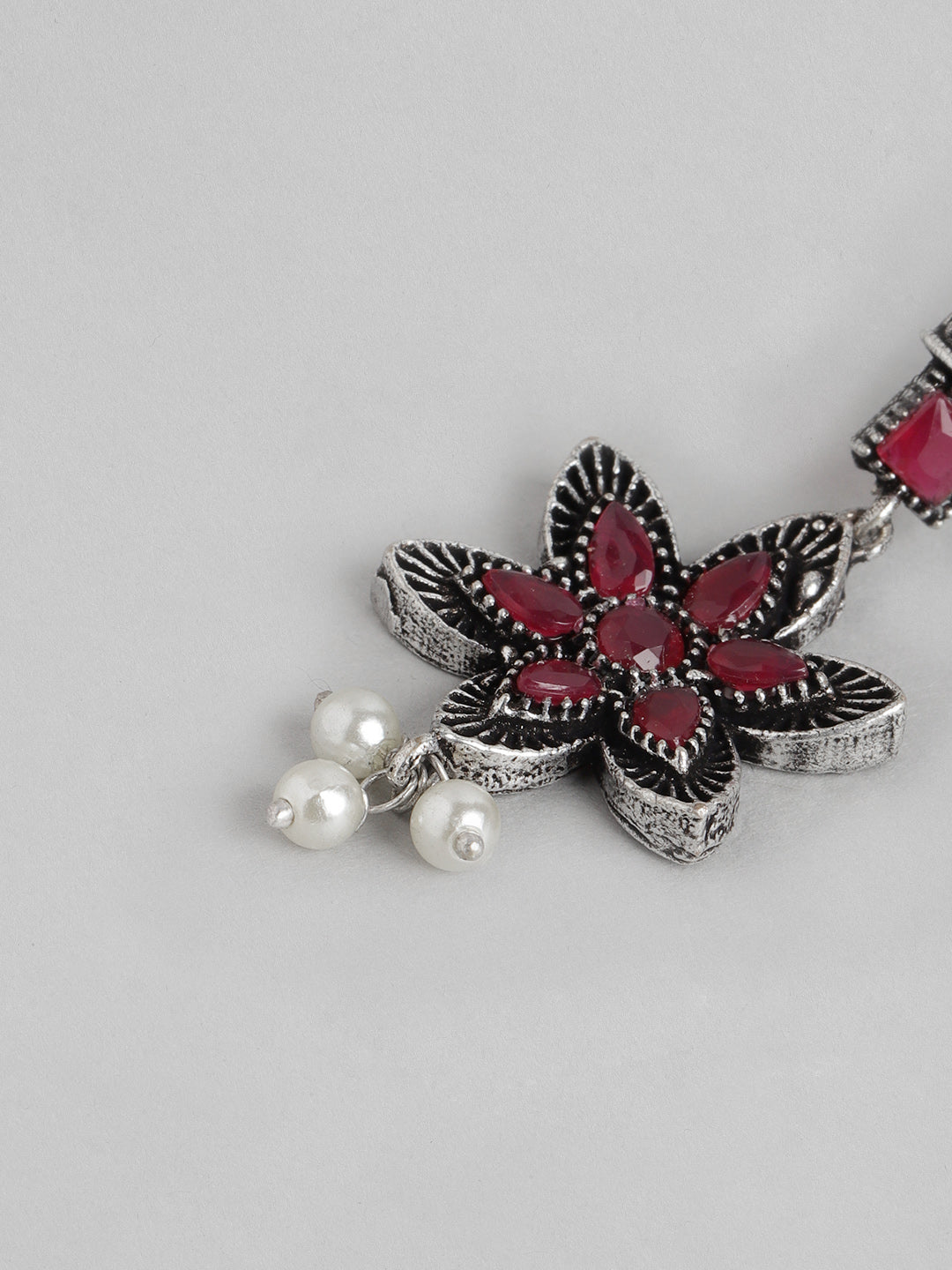 Ishin Women's Oxidised Silver Plated Pink Stone Studded Floral Jewellery Set