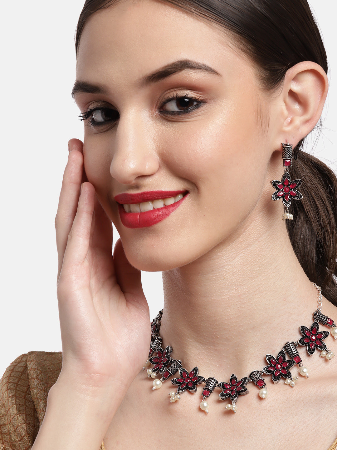 Ishin Women's Oxidised Silver Plated Pink Stone Studded Floral Jewellery Set