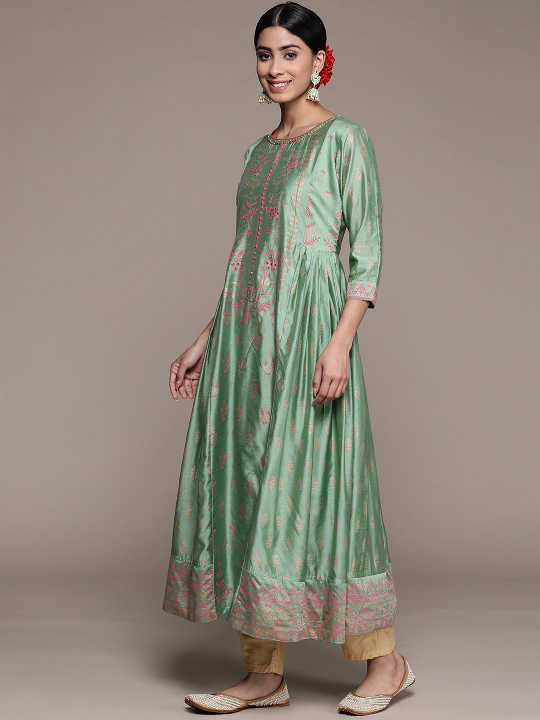 Ishin Women's Silk Blend Mint Green Embellished Anarkali Kurta