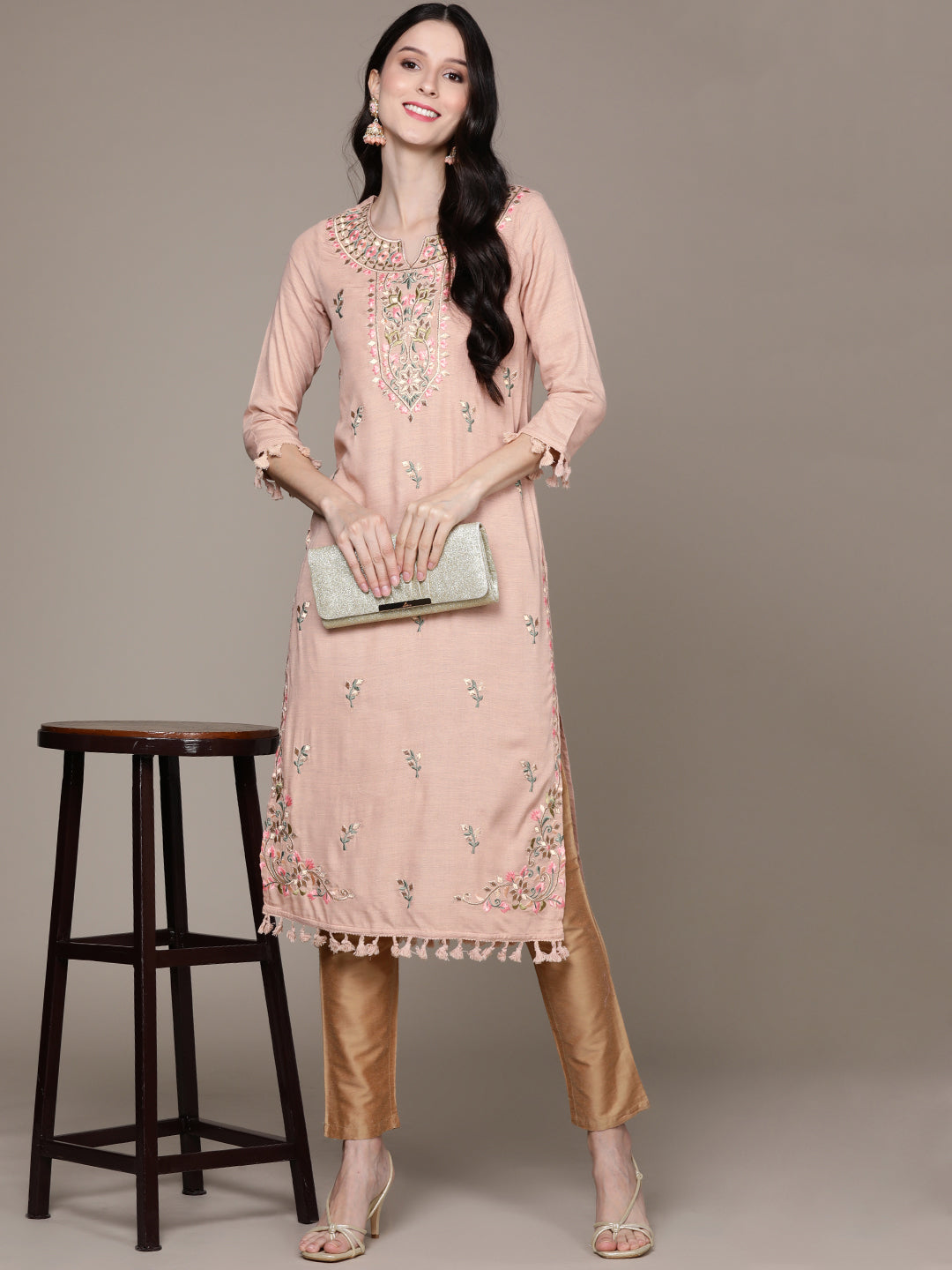 Ishin Women's Peach Embroidered A-Line Kurta