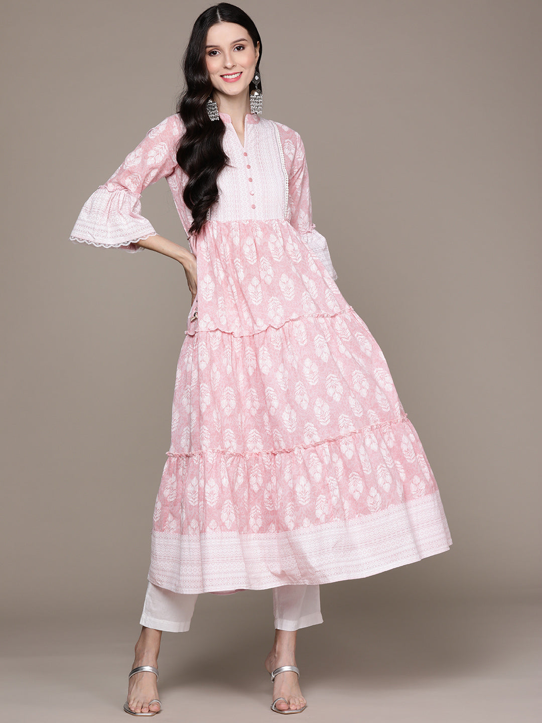 Ishin Women's Pink Embelllished Anarkali Tiered Kurta