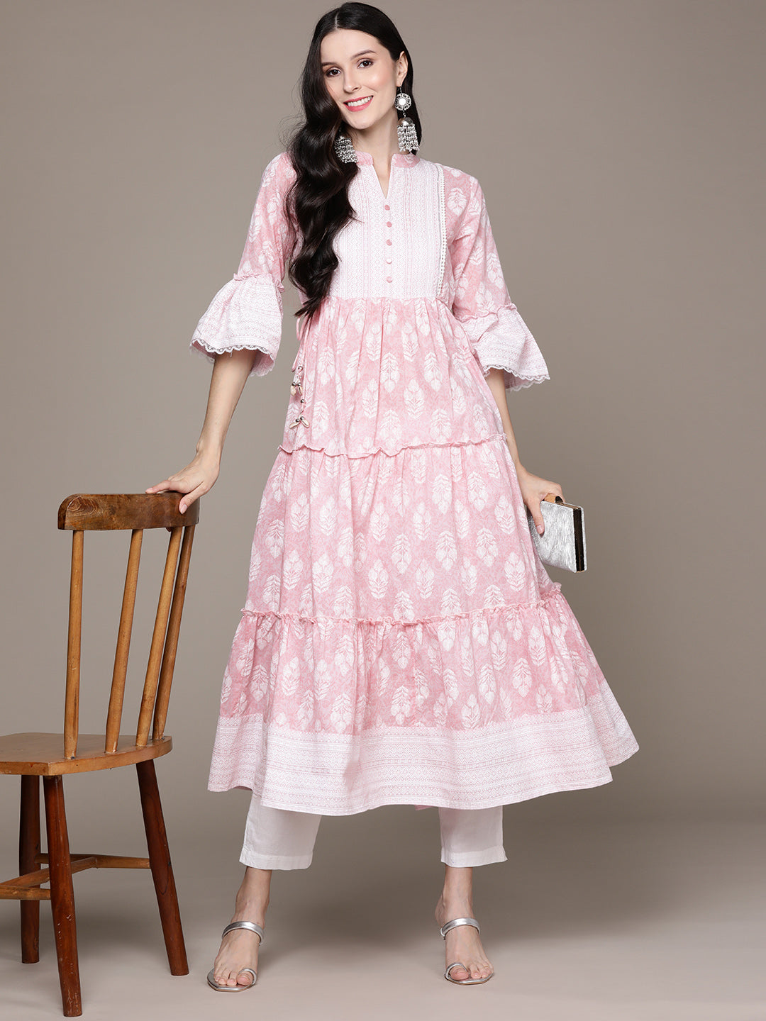 Ishin Women's Pink Embelllished Anarkali Tiered Kurta