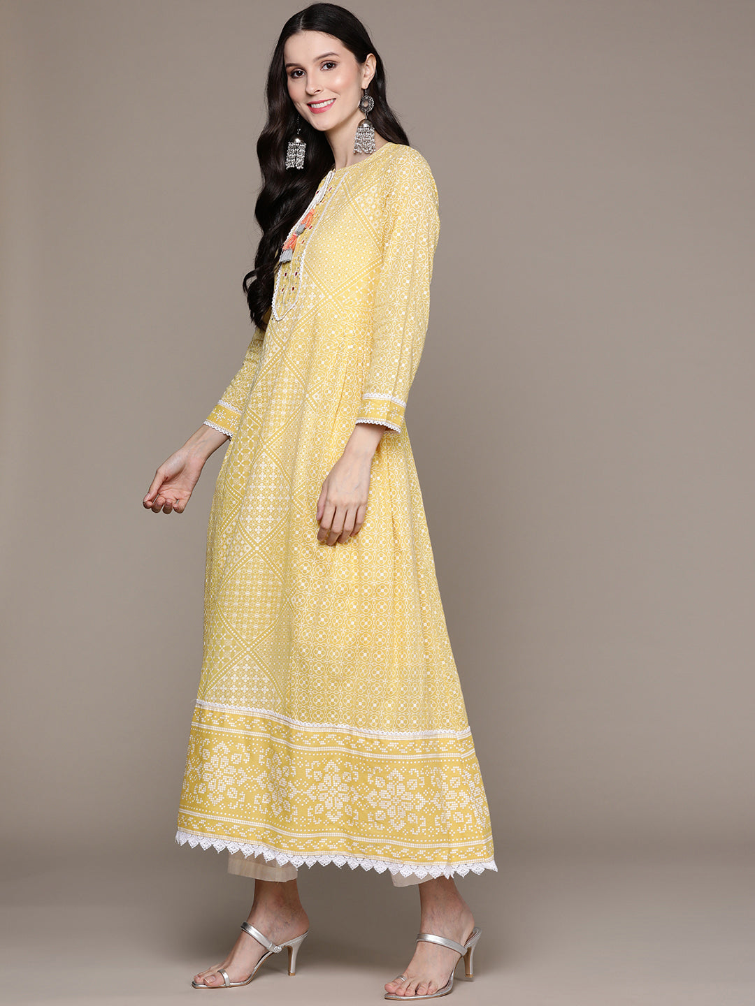 Ishin Women's Yellow Embelllished Anarkali Kurta