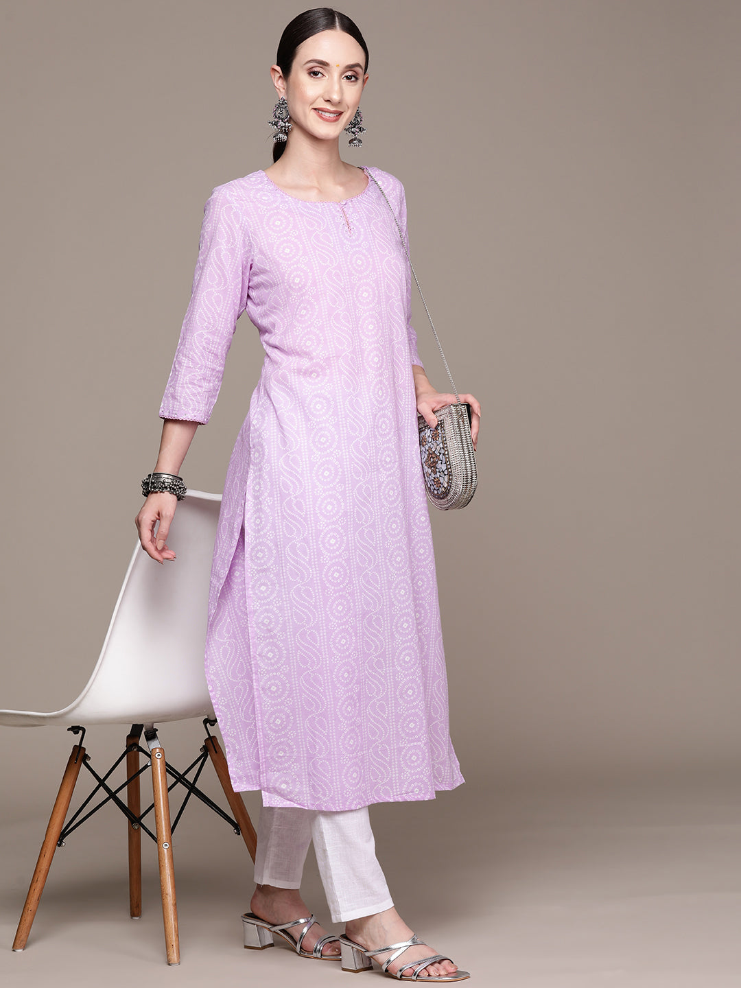 Ishin Women's Cotton Blend Lavender Bandhani Printed A-Line Kurta