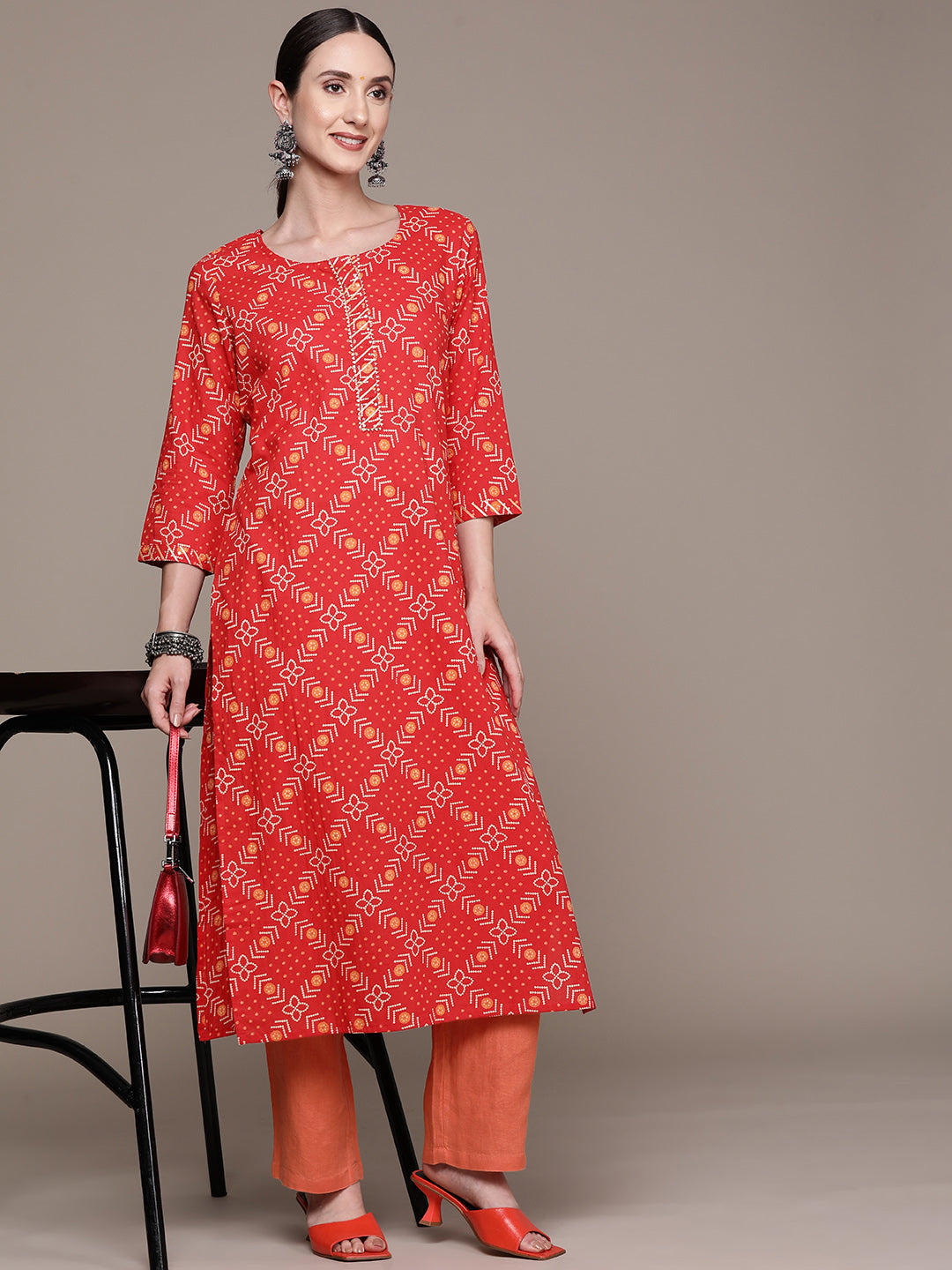 Ishin Women's Cotton Blend Red Bandhani Printed A-Line Kurta