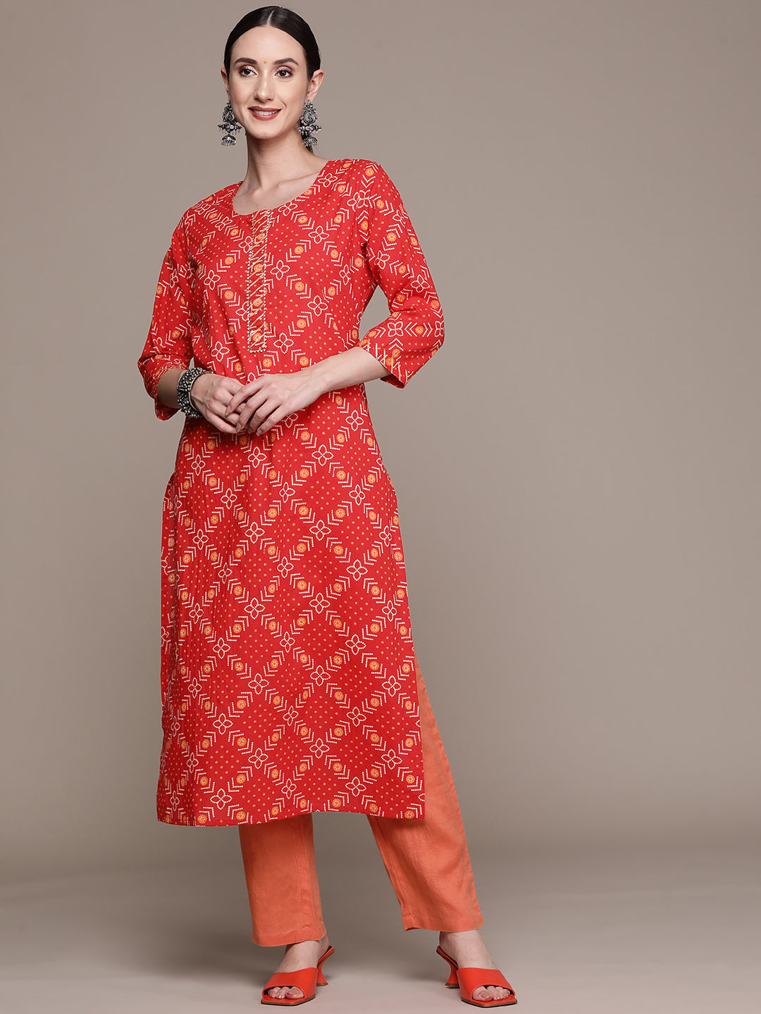 Ishin Women's Cotton Blend Red Bandhani Printed A-Line Kurta