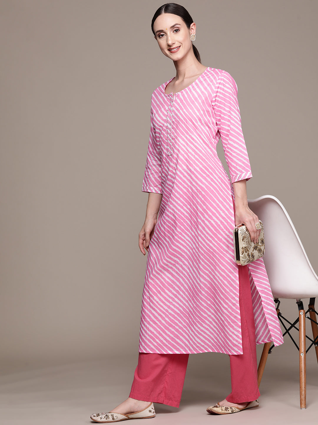 Ishin Women's Cotton Blend Pink Leheriya Printed A-Line Kurta