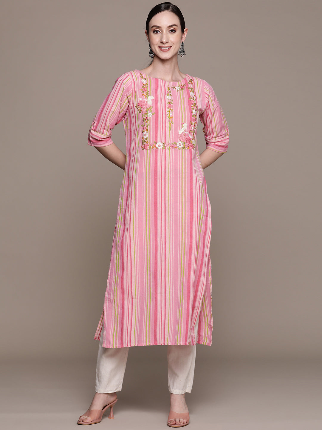 Ishin Women's Pink Embroidered A-Line Kurta