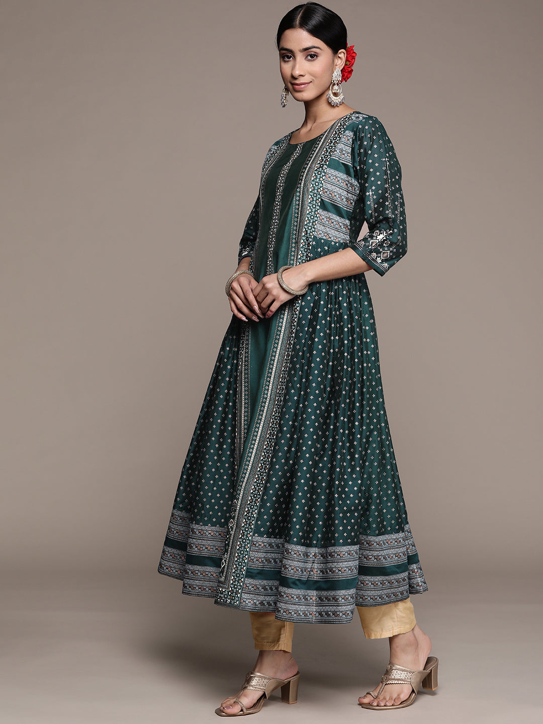 Ishin Women's Silk Blend Teal Embellished Anarkali Kurta