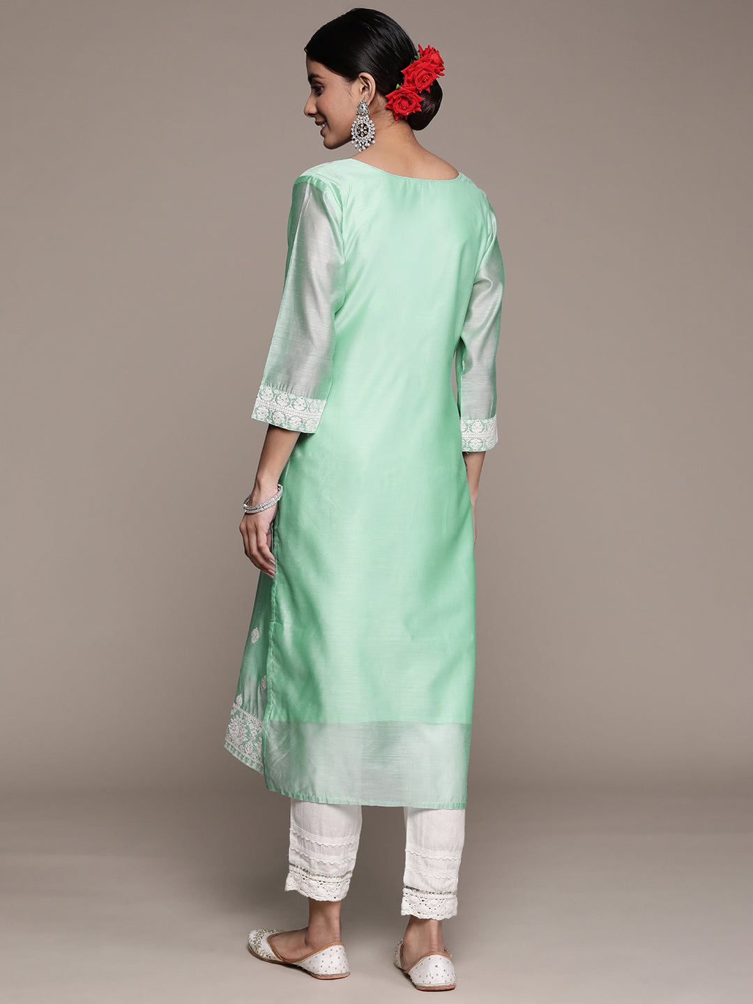 Ishin Women's Cotton Silk Sea Green Embroidered A-Line Kurta