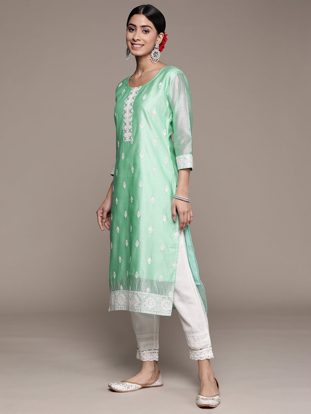 Ishin Women's Cotton Silk Sea Green Embroidered A-Line Kurta