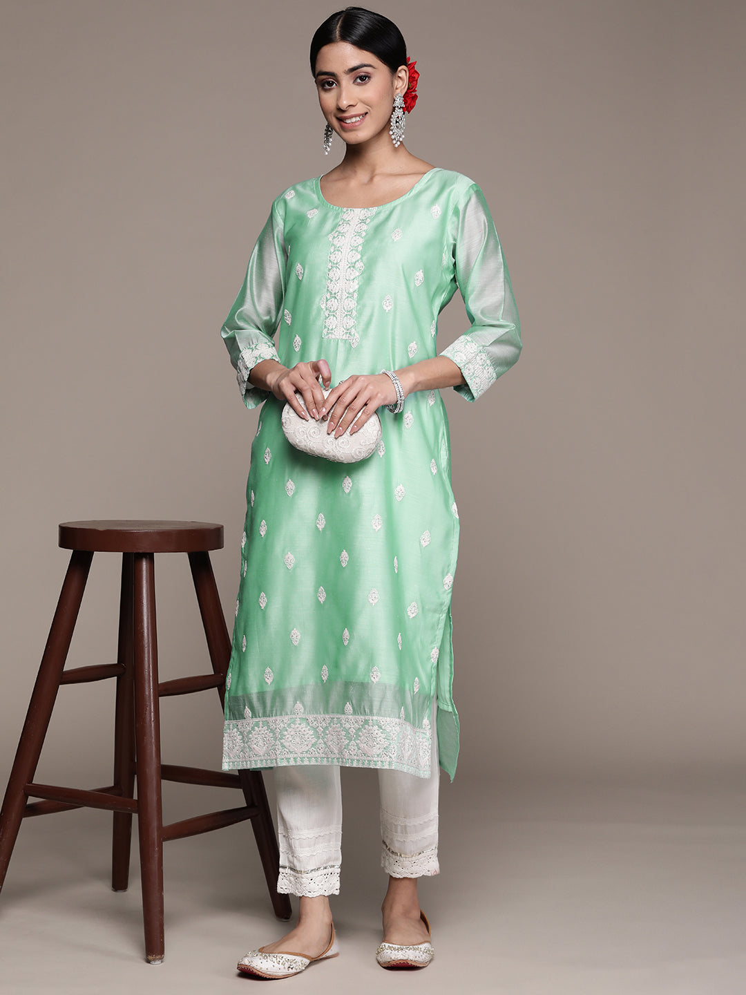 Ishin Women's Cotton Silk Sea Green Embroidered A-Line Kurta