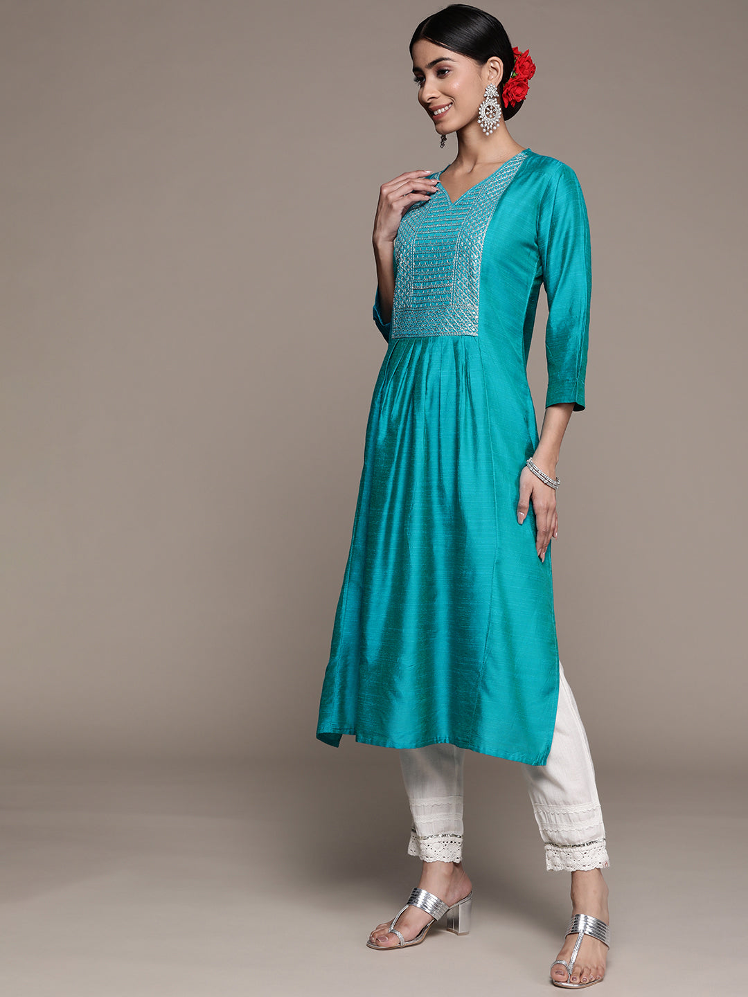 Ishin Women's Silk Blend Blue Embroidered A-Line Kurta