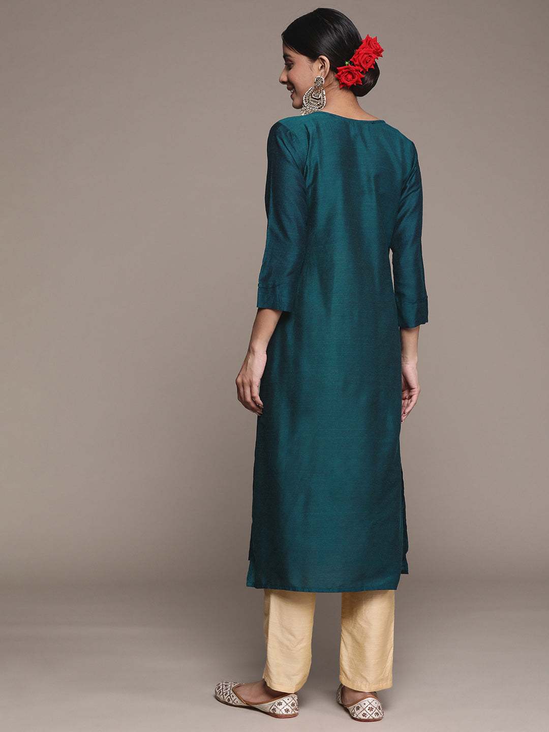 Ishin Women's Silk Blend Teal Embroidered A-Line Kurta