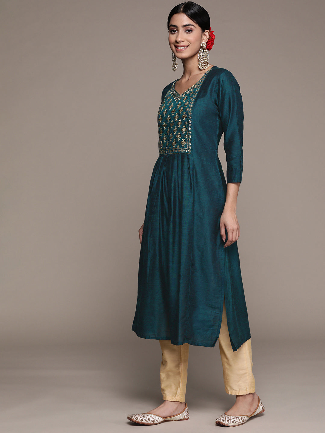 Ishin Women's Silk Blend Teal Embroidered A-Line Kurta