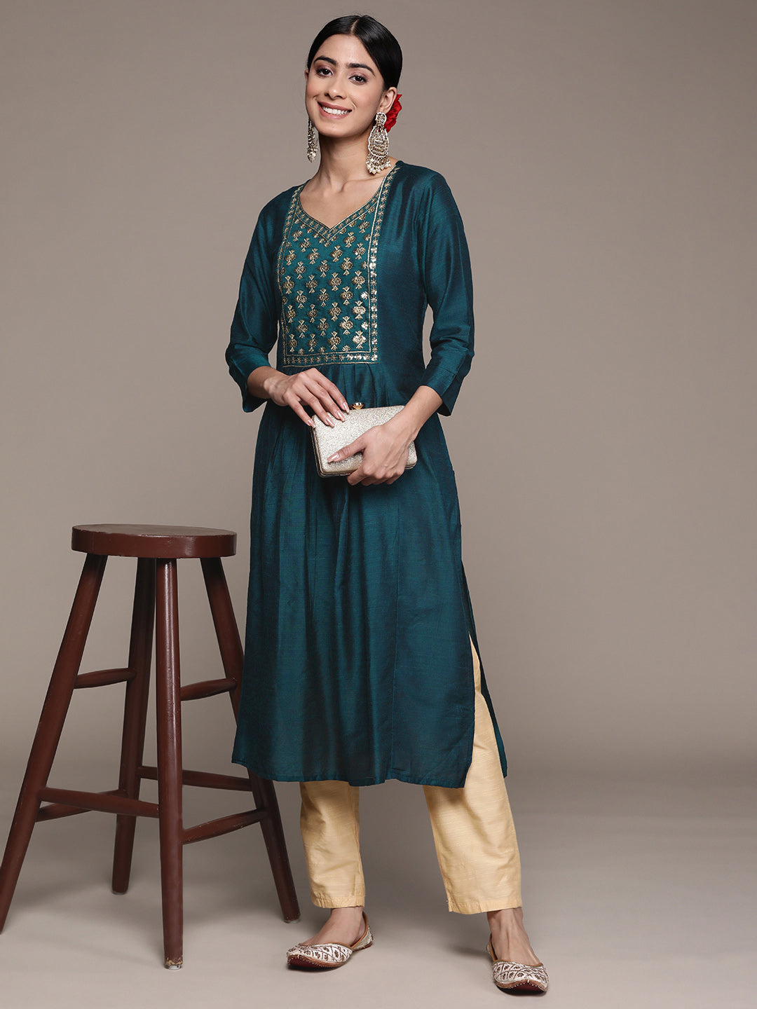 Ishin Women's Silk Blend Teal Embroidered A-Line Kurta