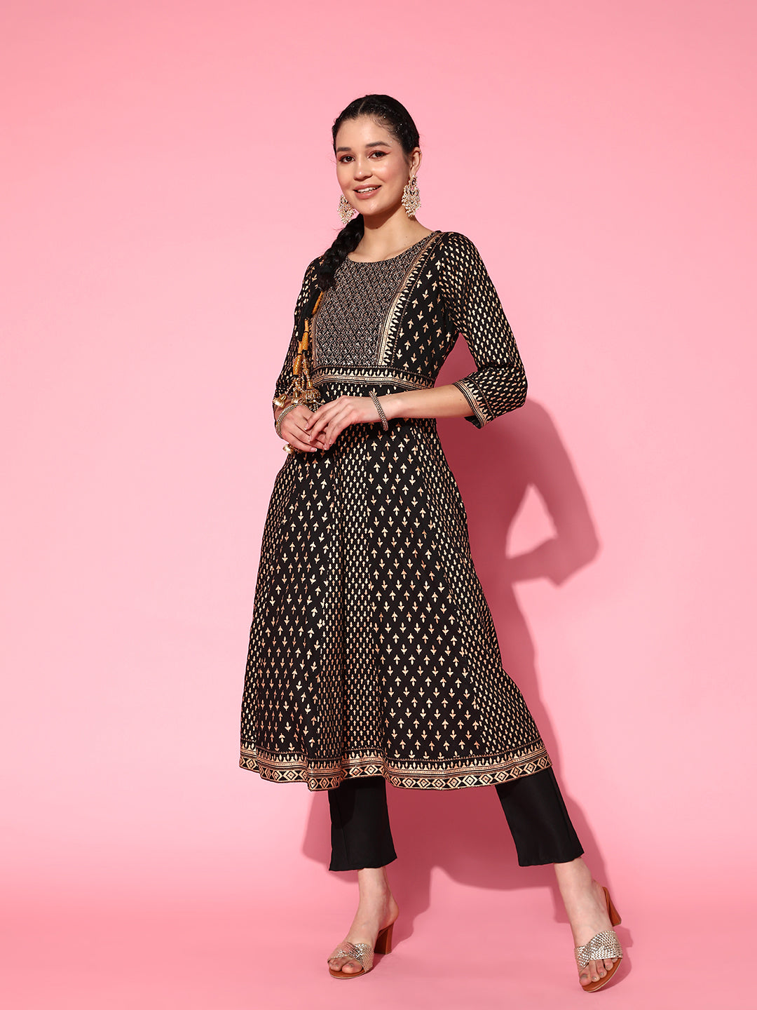 Ishin Women's Black Embellished Anarkali Kurta