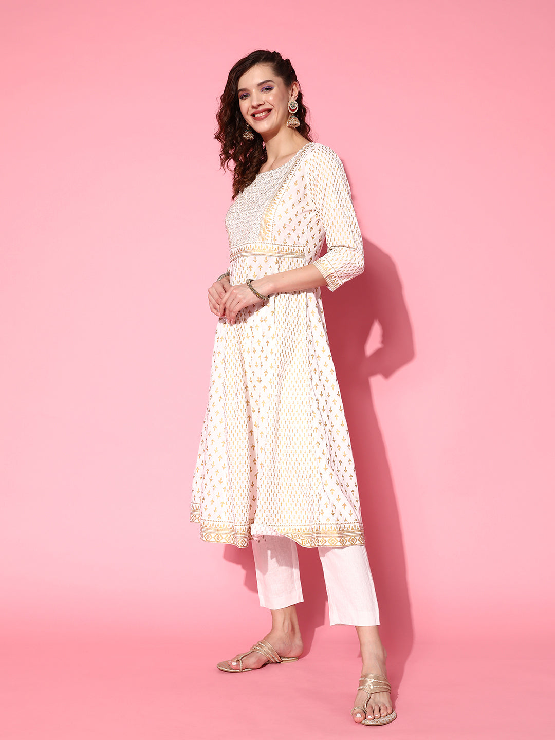 Ishin Women's Off-White Embellished Anarkali Kurta