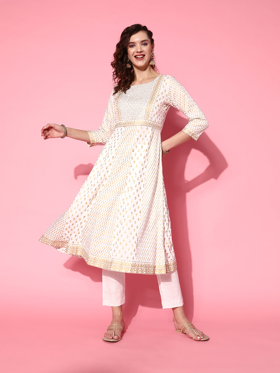 Ishin Women's Off-White Embellished Anarkali Kurta