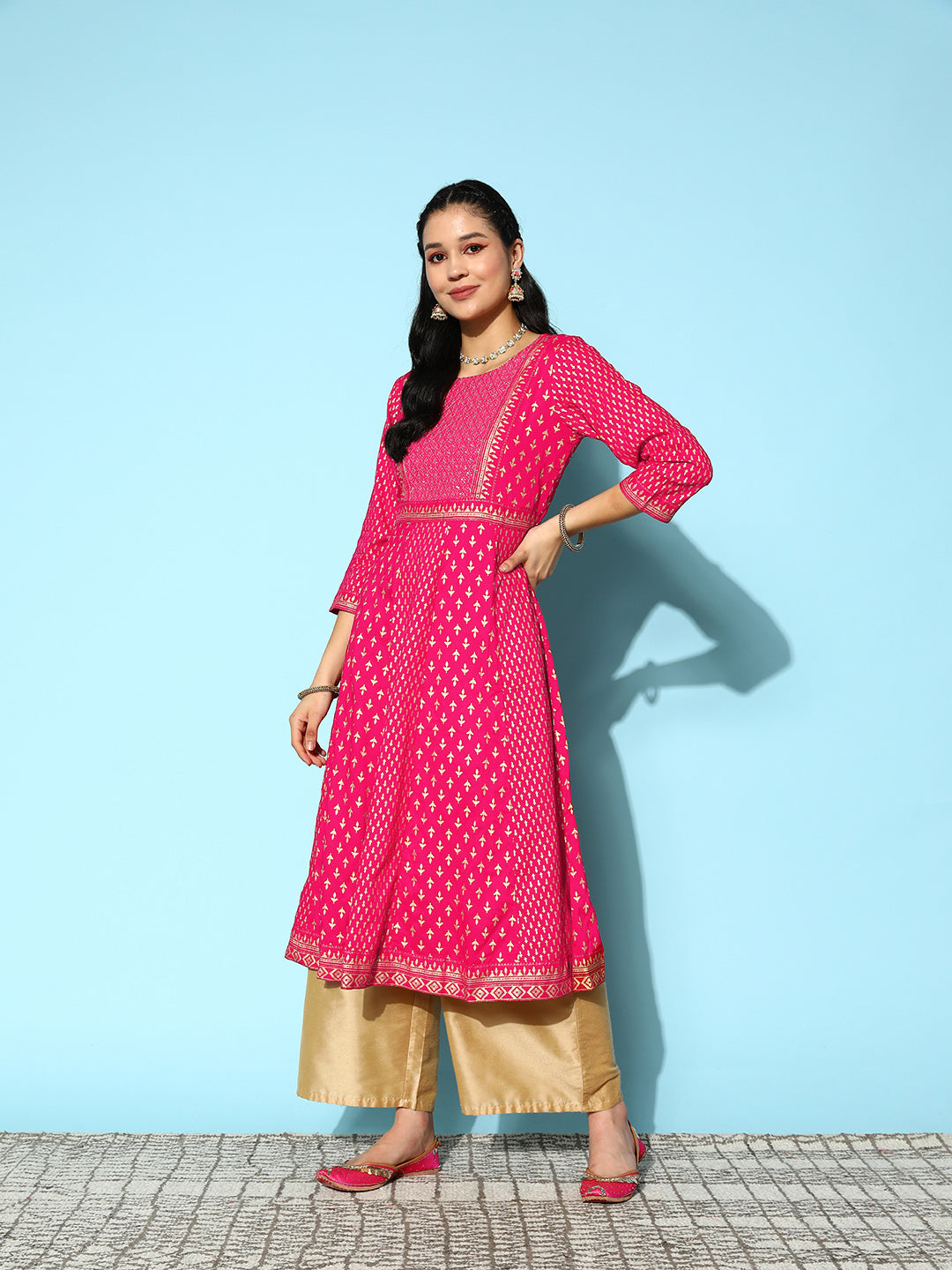 Ishin Women's Fuchsia Embellished Anarkali Kurta