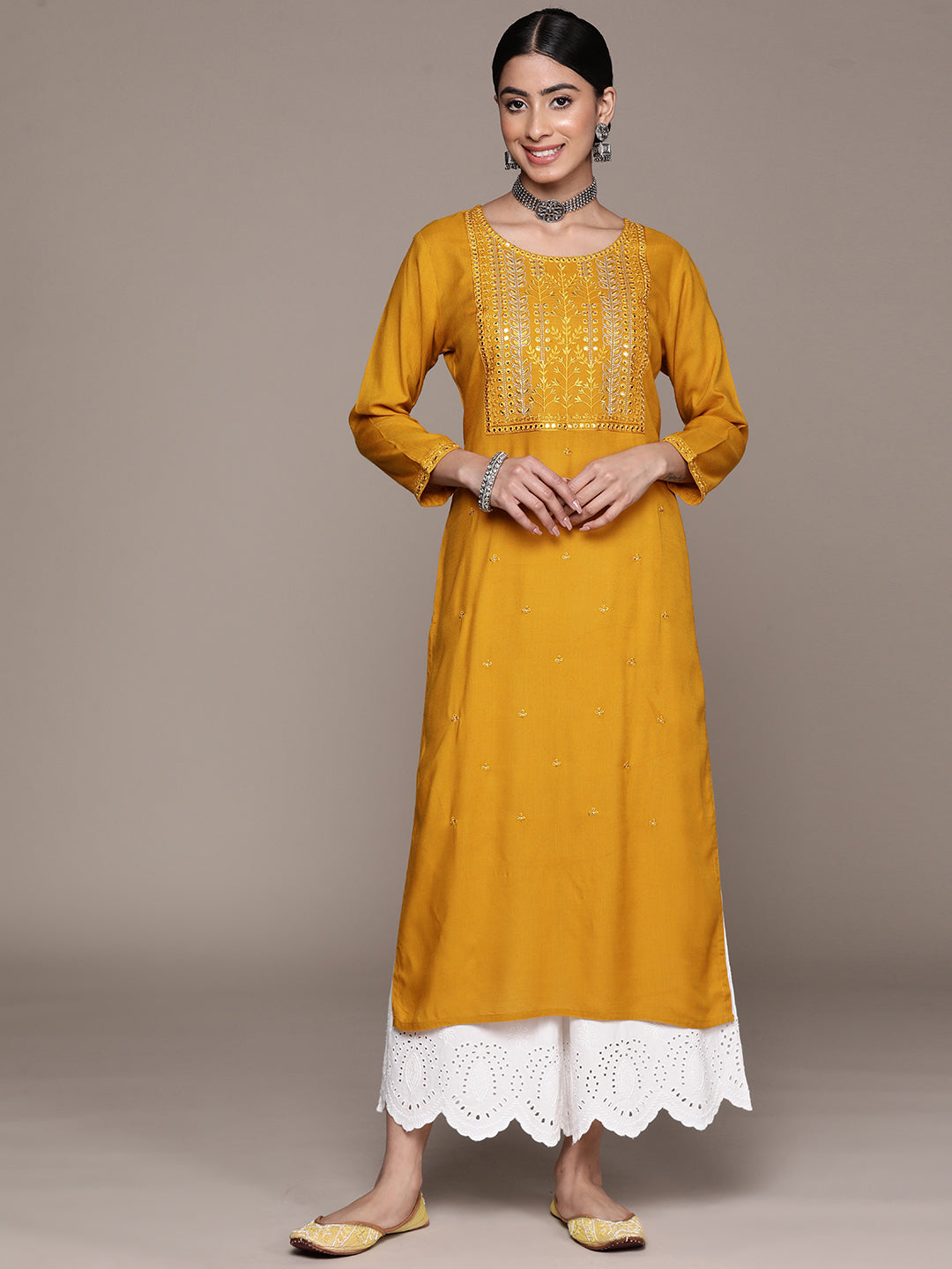 Ishin Women's Mustard Embellished Straight Kurta