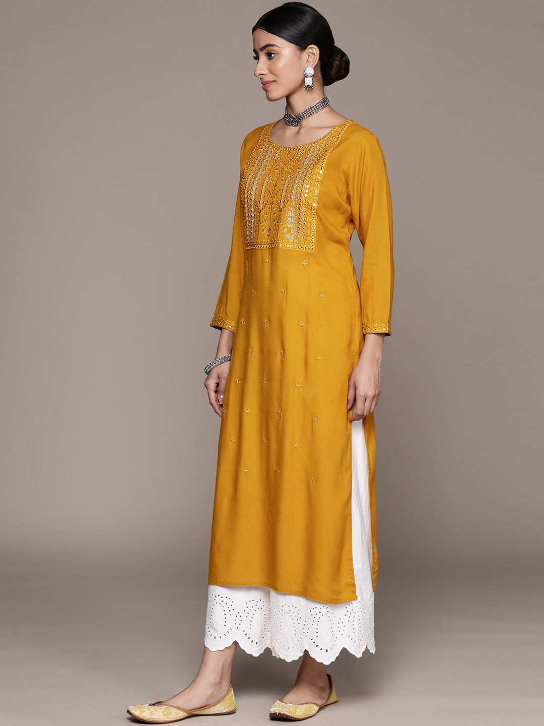 Ishin Women's Mustard Embellished Straight Kurta