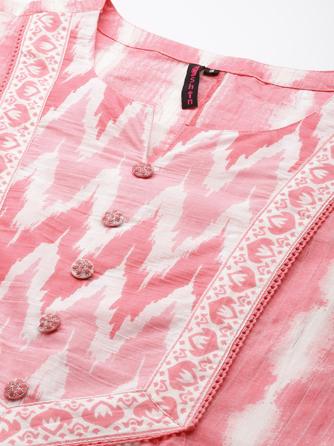 Ishin Women's Cotton Pink & White Printed Anarkali Kurta With Dupatta