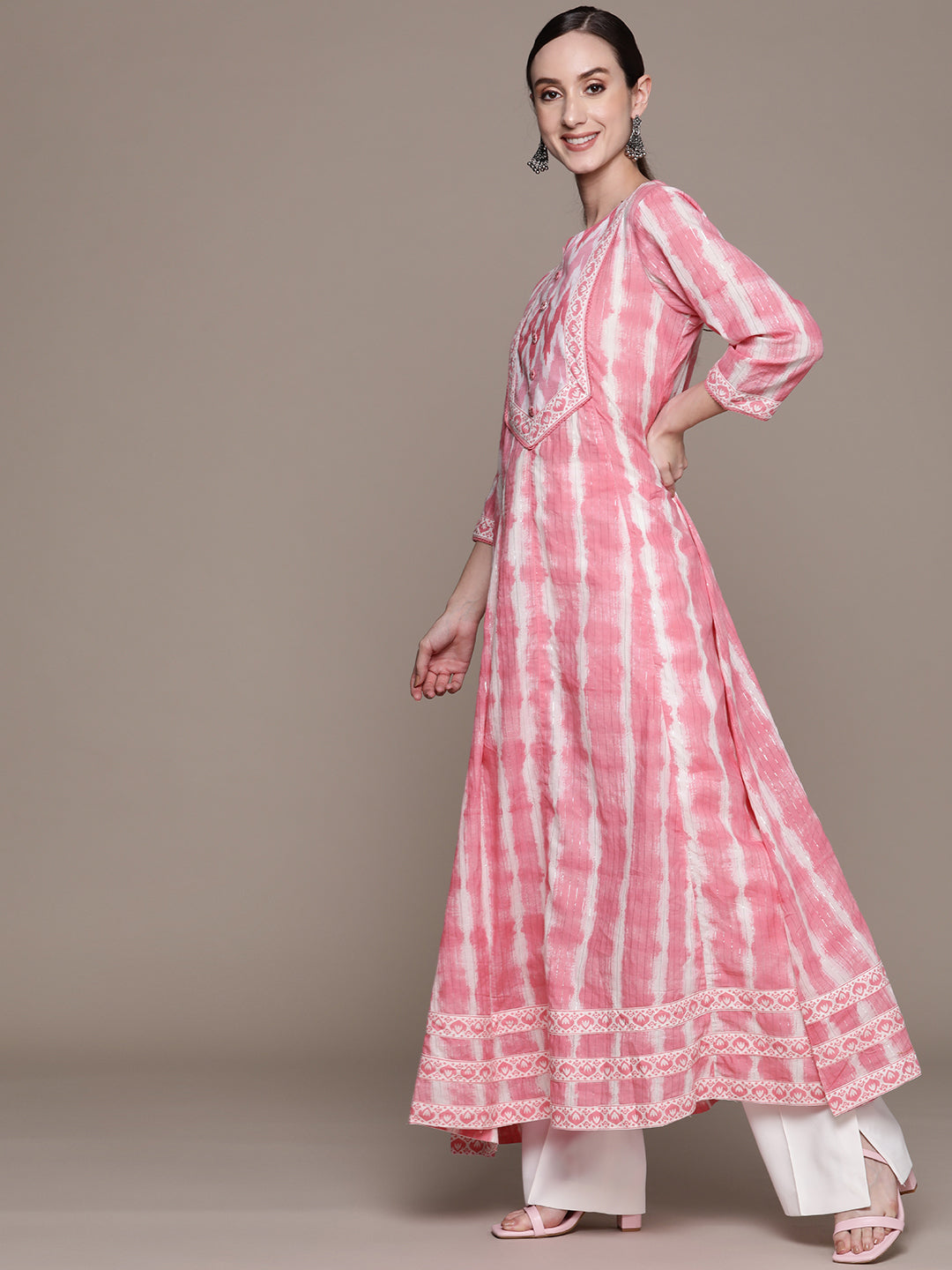 Ishin Women's Cotton Pink & White Printed Anarkali Kurta With Dupatta