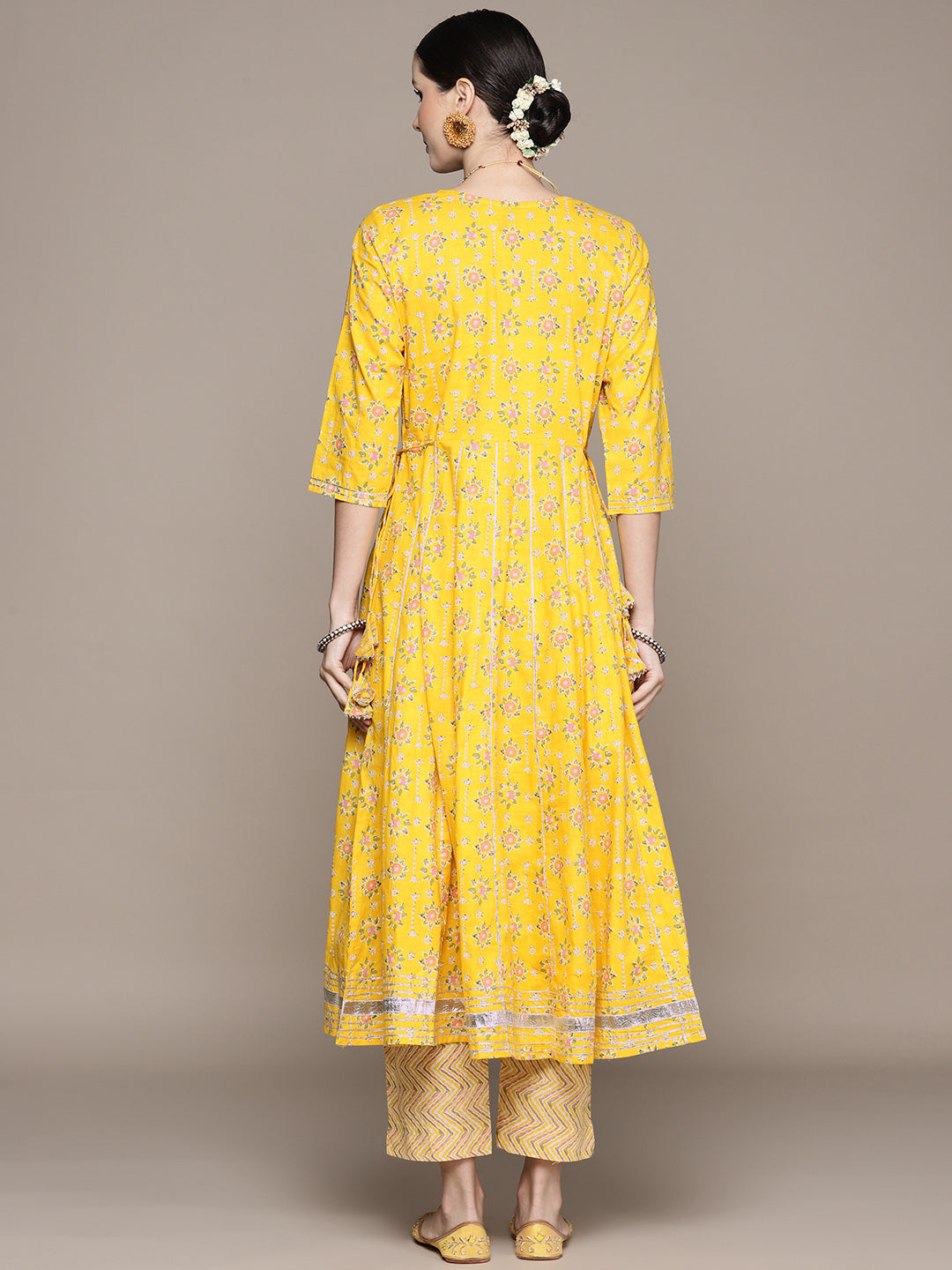 Ishin Women's Mustard Embroidered Anarkali Kurta with Trouser