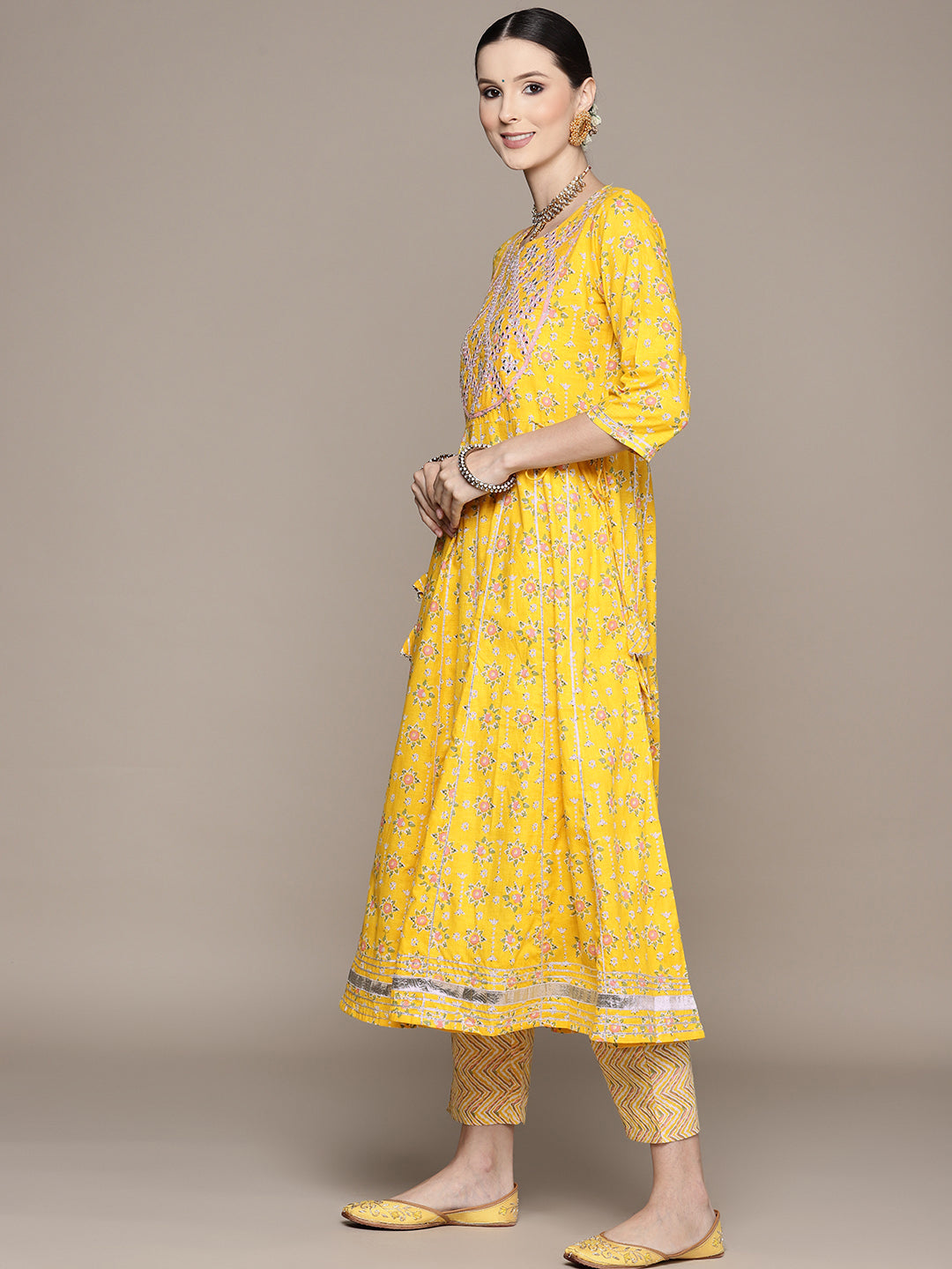 Ishin Women's Mustard Embroidered Anarkali Kurta with Trouser