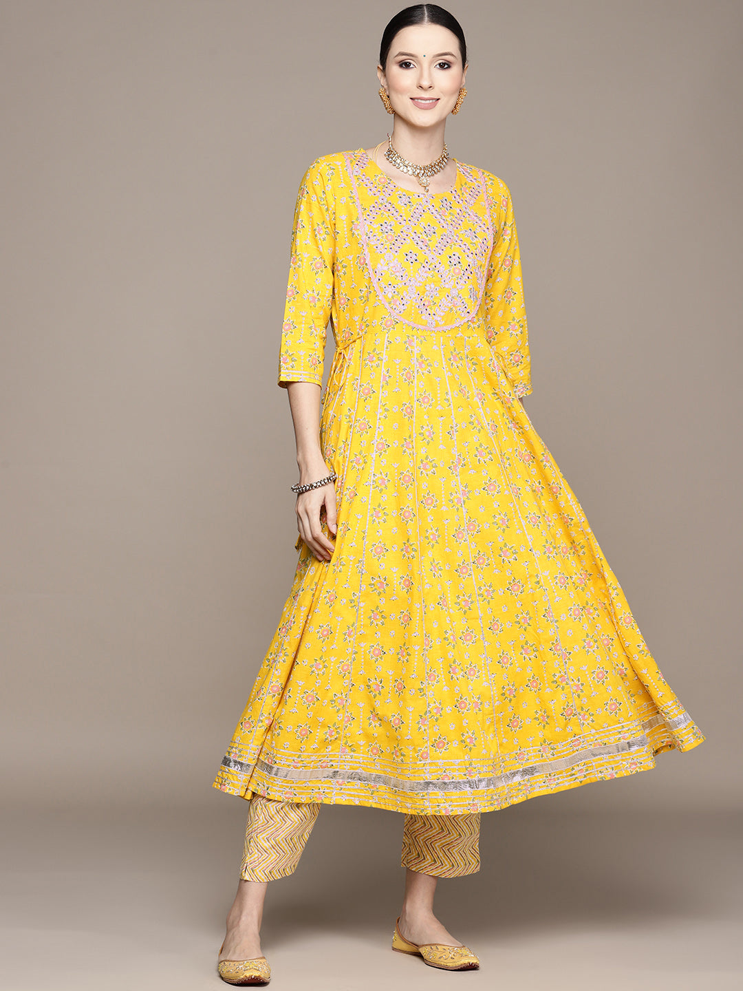 Ishin Women's Mustard Embroidered Anarkali Kurta with Trouser