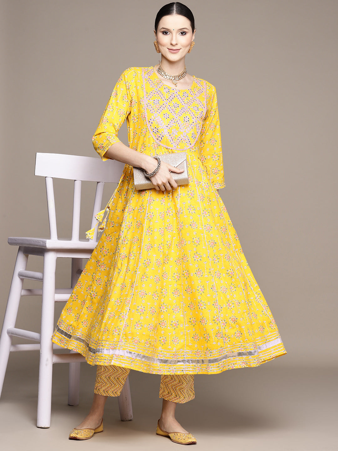 Ishin Women's Mustard Embroidered Anarkali Kurta with Trouser