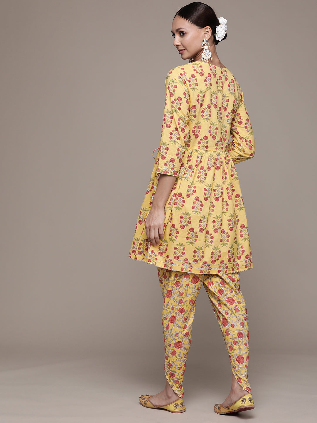Ishin Women's Yellow Embellished Pleated Kurta with Dhoti Pant