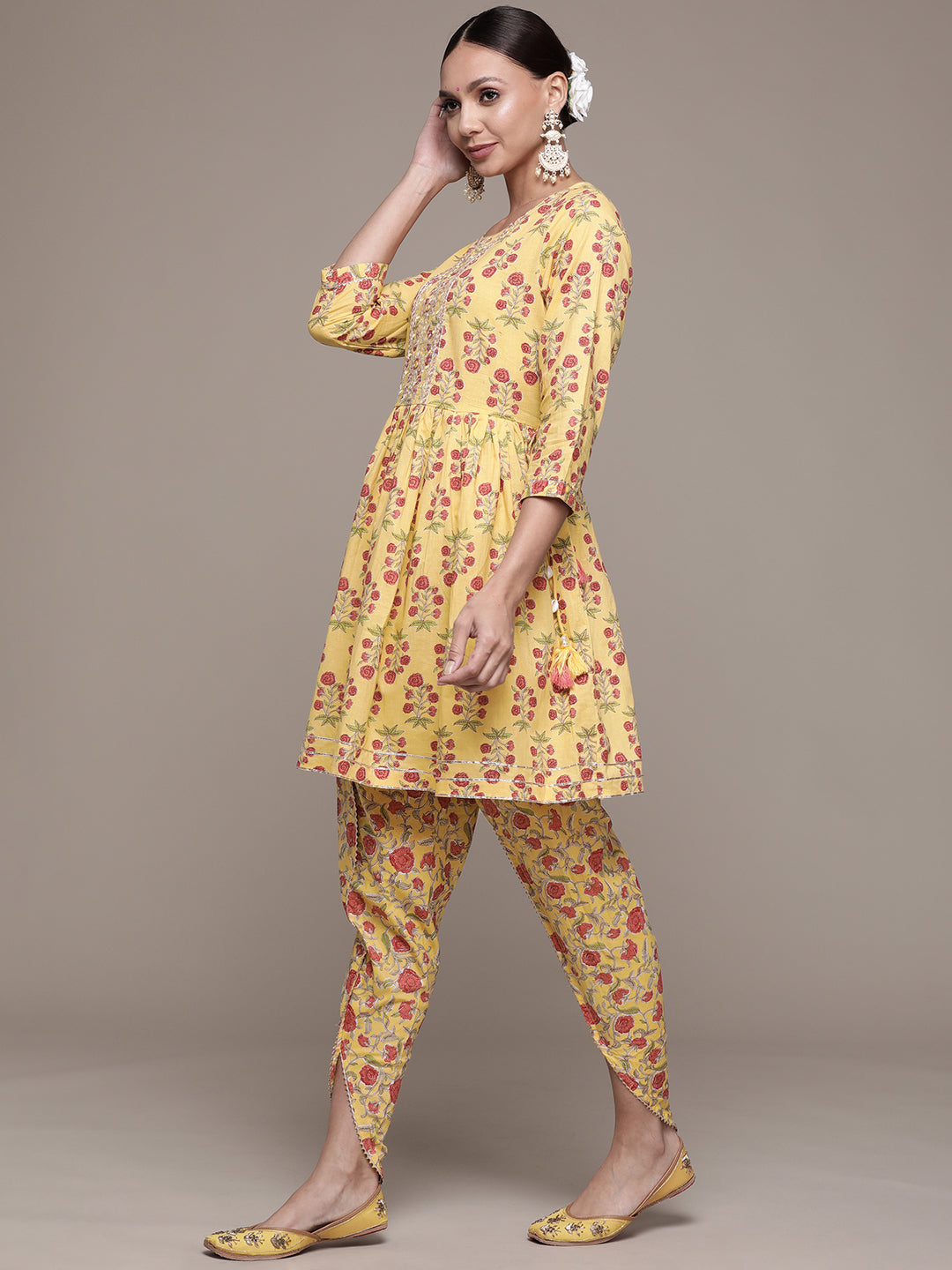 Ishin Women's Yellow Embellished Pleated Kurta with Dhoti Pant