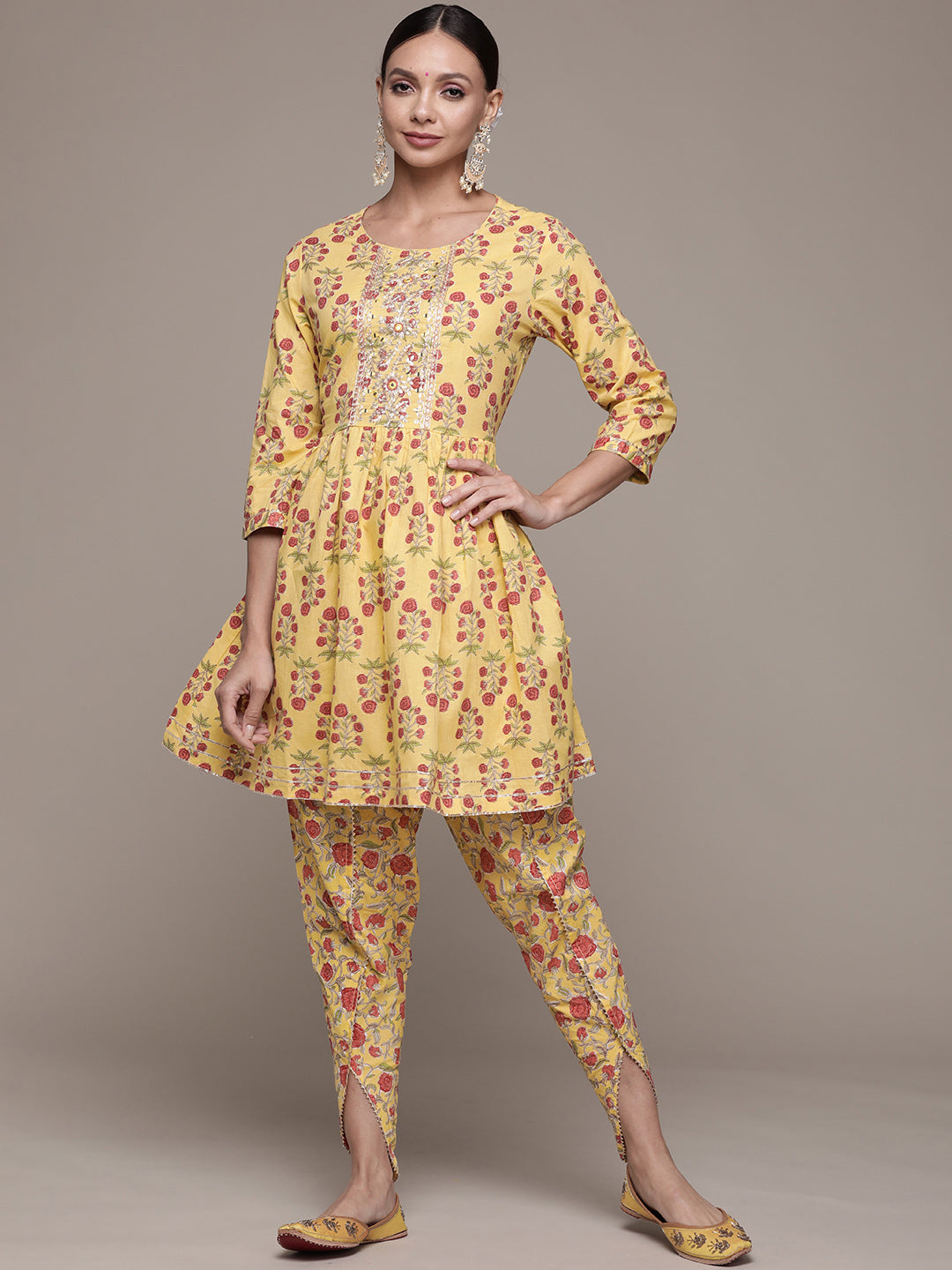 Ishin Women's Yellow Embellished Pleated Kurta with Dhoti Pant