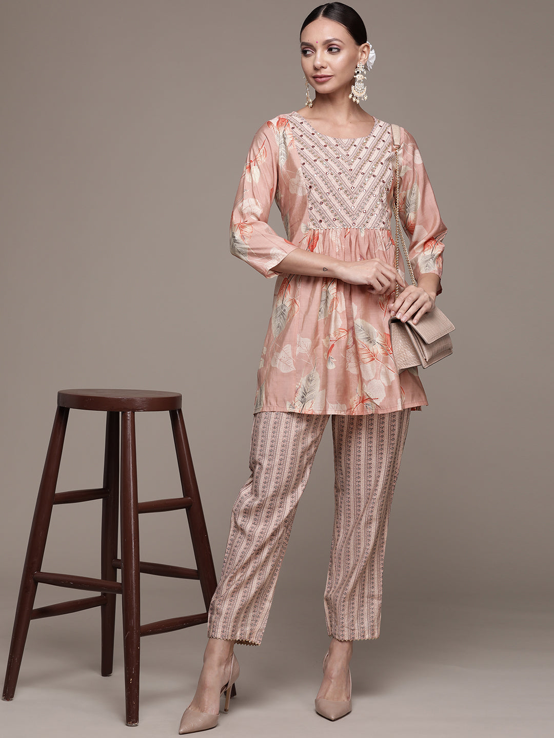 Ishin Women's Silk Blend Peach Embroidered A-Line Kurti Trouser Set