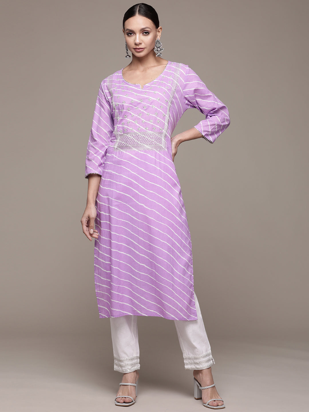 Ishin Women's Cotton Purple & Off White Embroidered A-Line Kurta Trouser Set