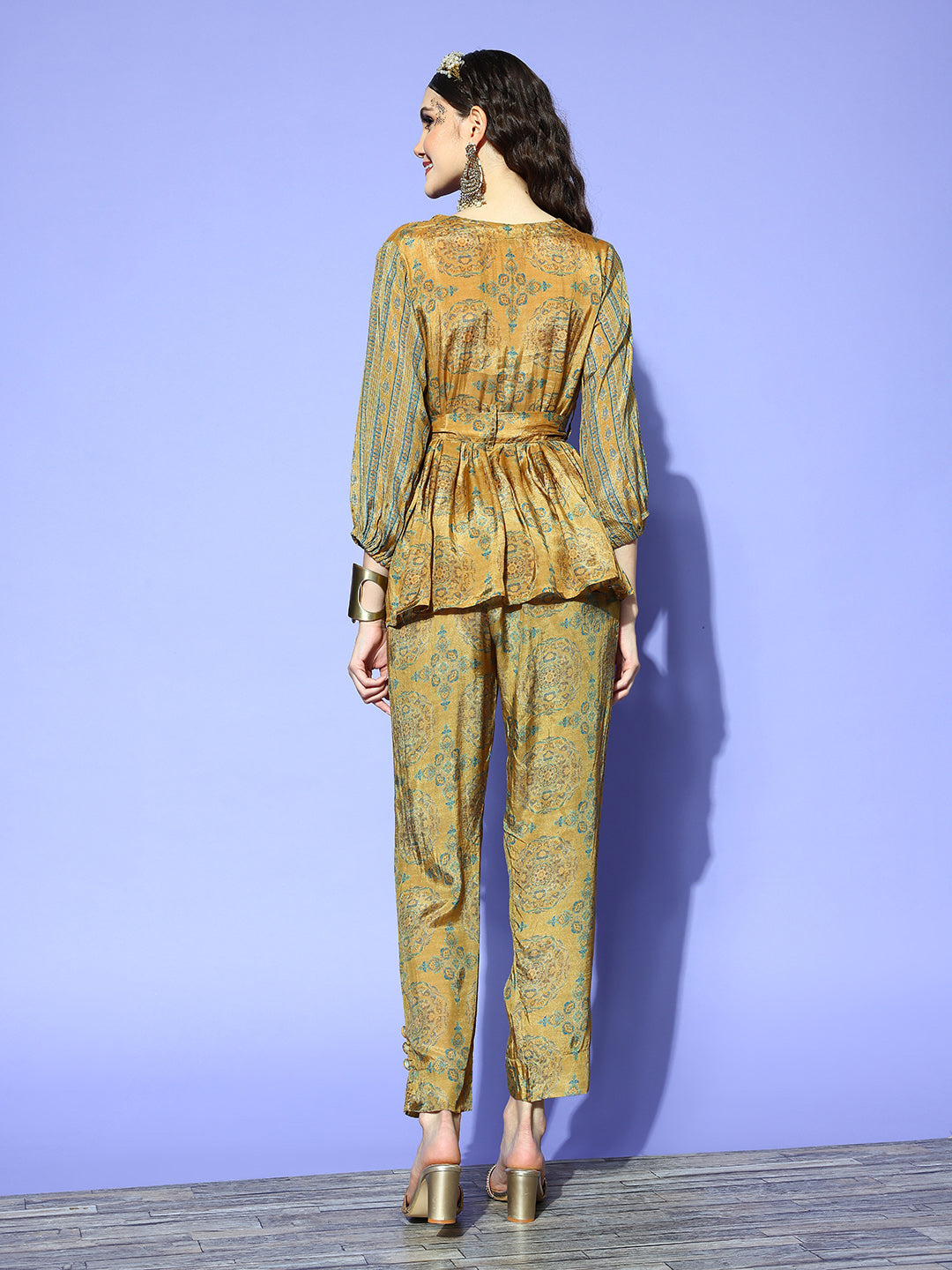 Ishin Women's Mustard Printed Pleated Top with Trouser  