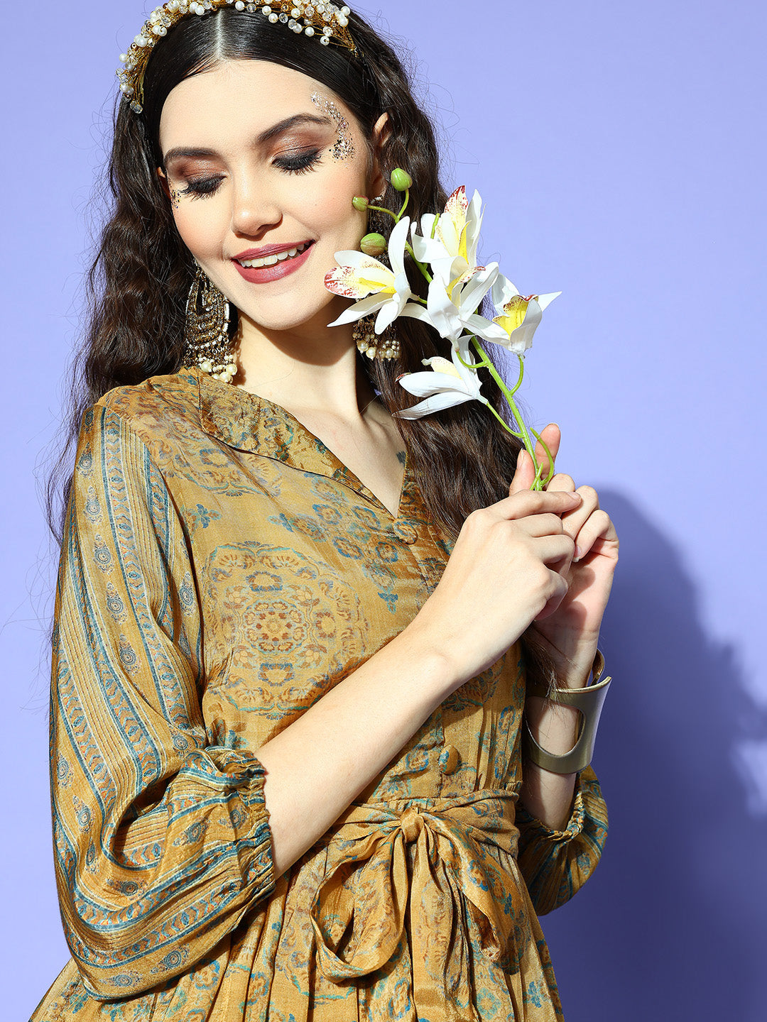Ishin Women's Mustard Printed Pleated Top with Trouser  