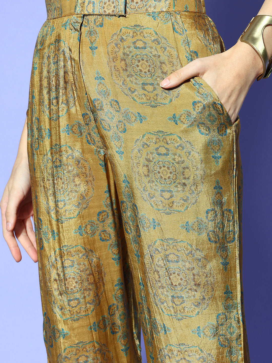 Ishin Women's Mustard Printed Pleated Top with Trouser  