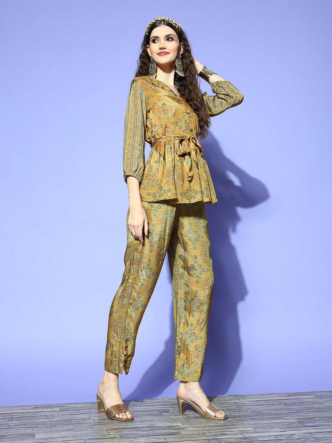 Ishin Women's Mustard Printed Pleated Top with Trouser