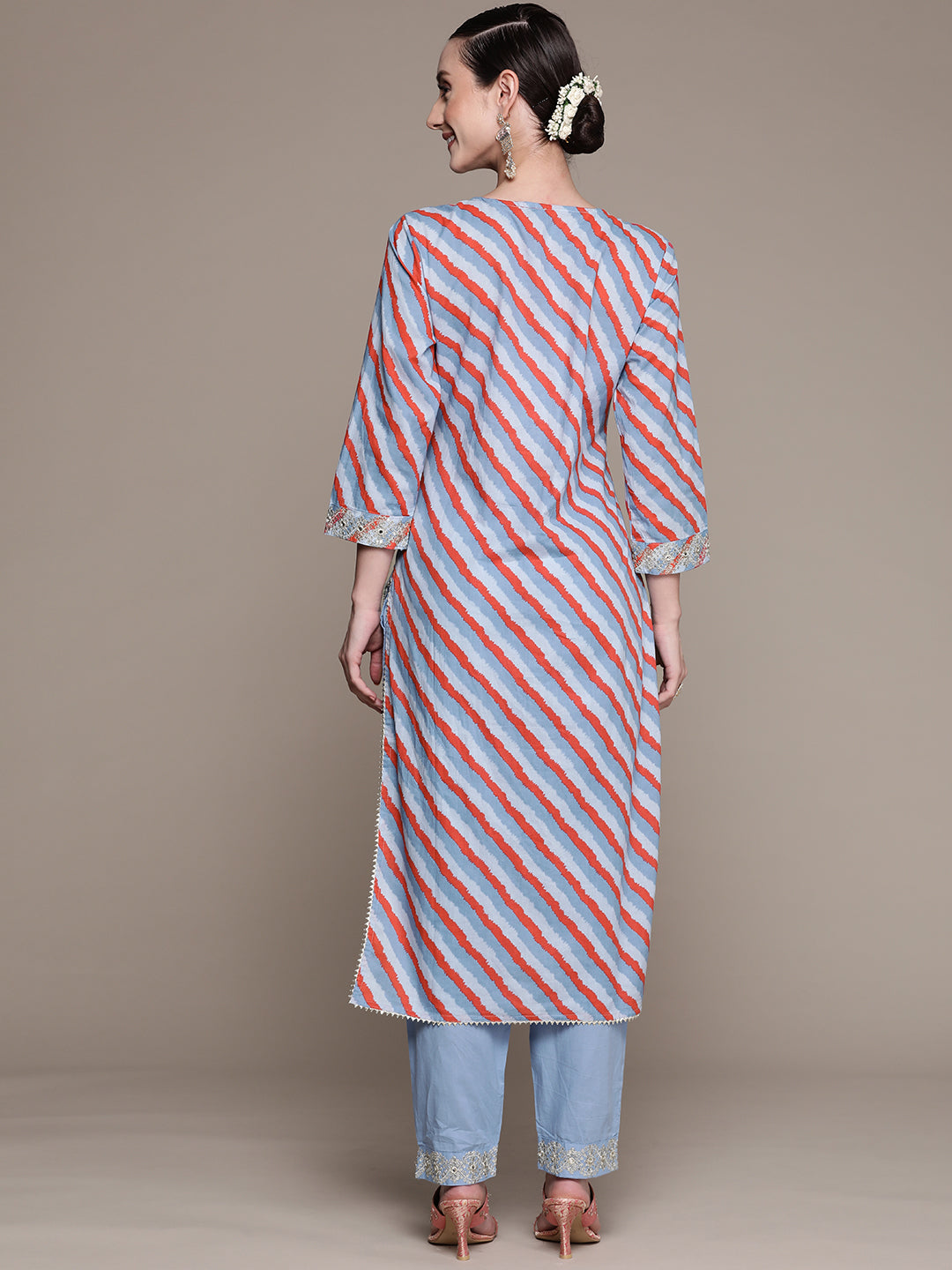 Ishin Women's Cotton Blue Embroidered A-Line Kurta Trouser Set