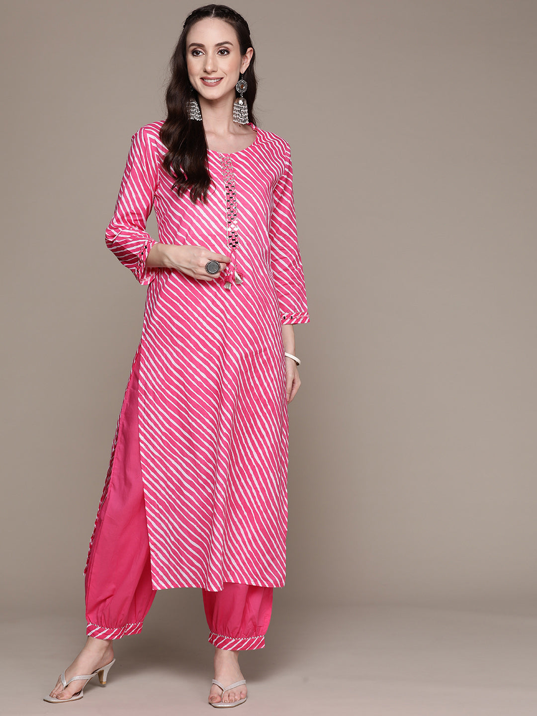 Ishin Women's Cotton Pink Yoke Design A-Line Kurta With Harem Pant